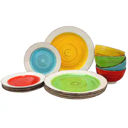 Gibson - Home Confetti Band 12 Piece Mix and Match Round Ceramic Dinnerware Set Colors - Assorted