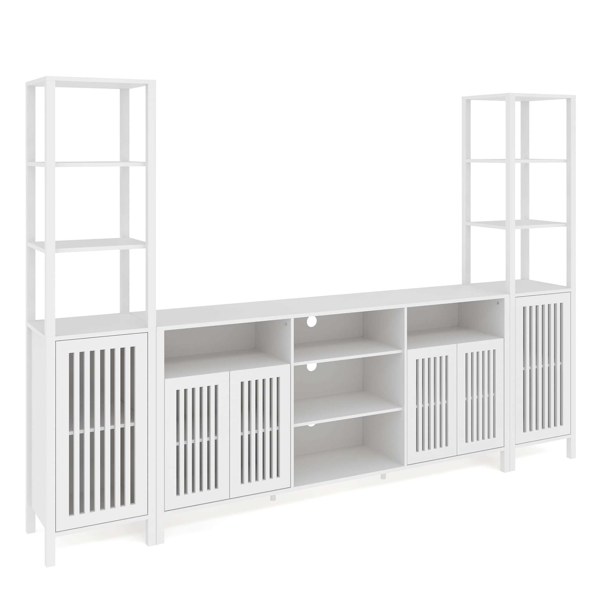 Angle. Qeetex - 3-Piece Large TV Stand for TVs up to 70", Entertainment Center with Modular Bookshelves Cabinet, Doors & Shelves - White.