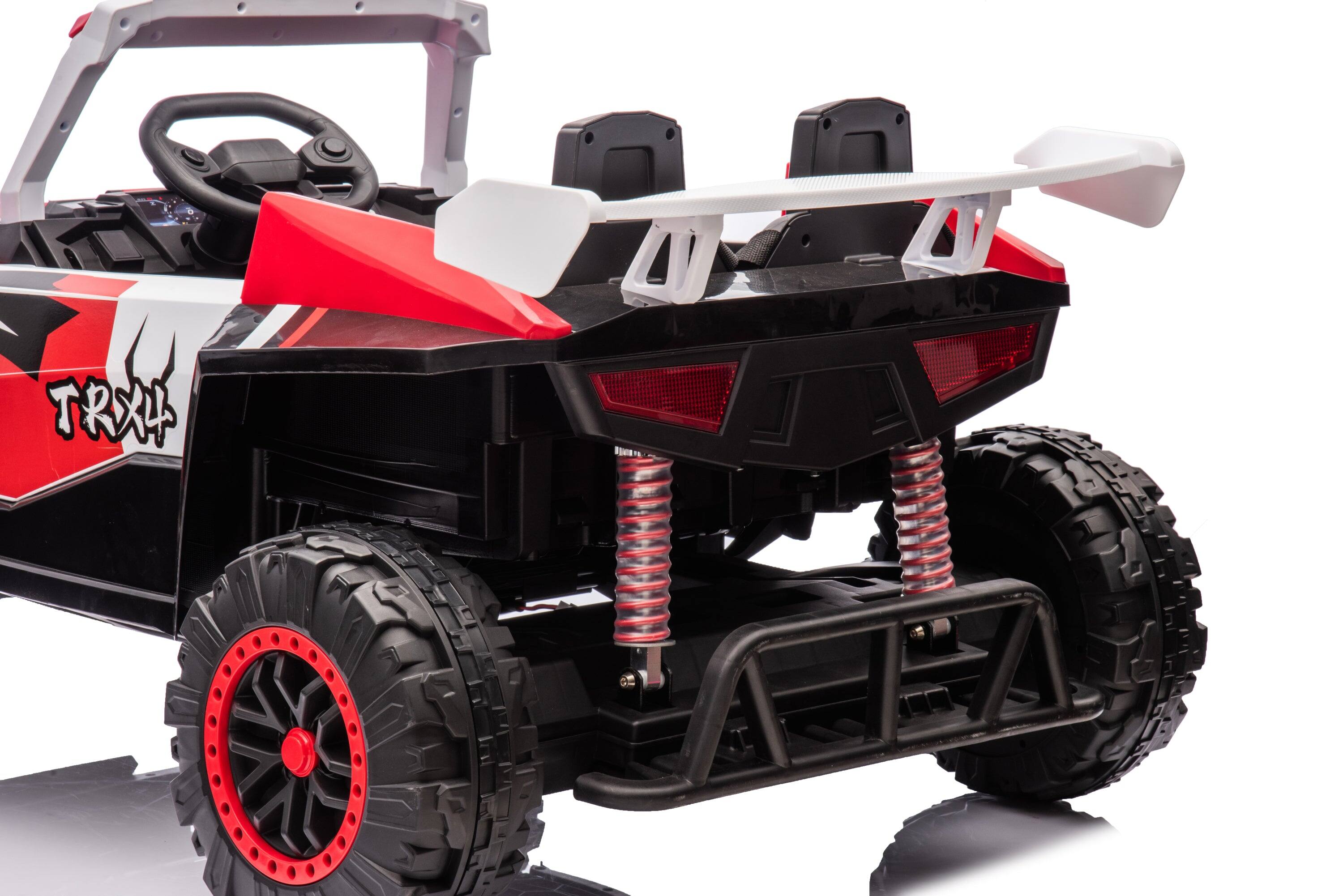 Left. BreeBe - 24V 2 Seater Ride on Car for Kids, 4x4 Off-Road UTV Toy w/ 4x200W Powerful Motors Ride On Car - White+Red.