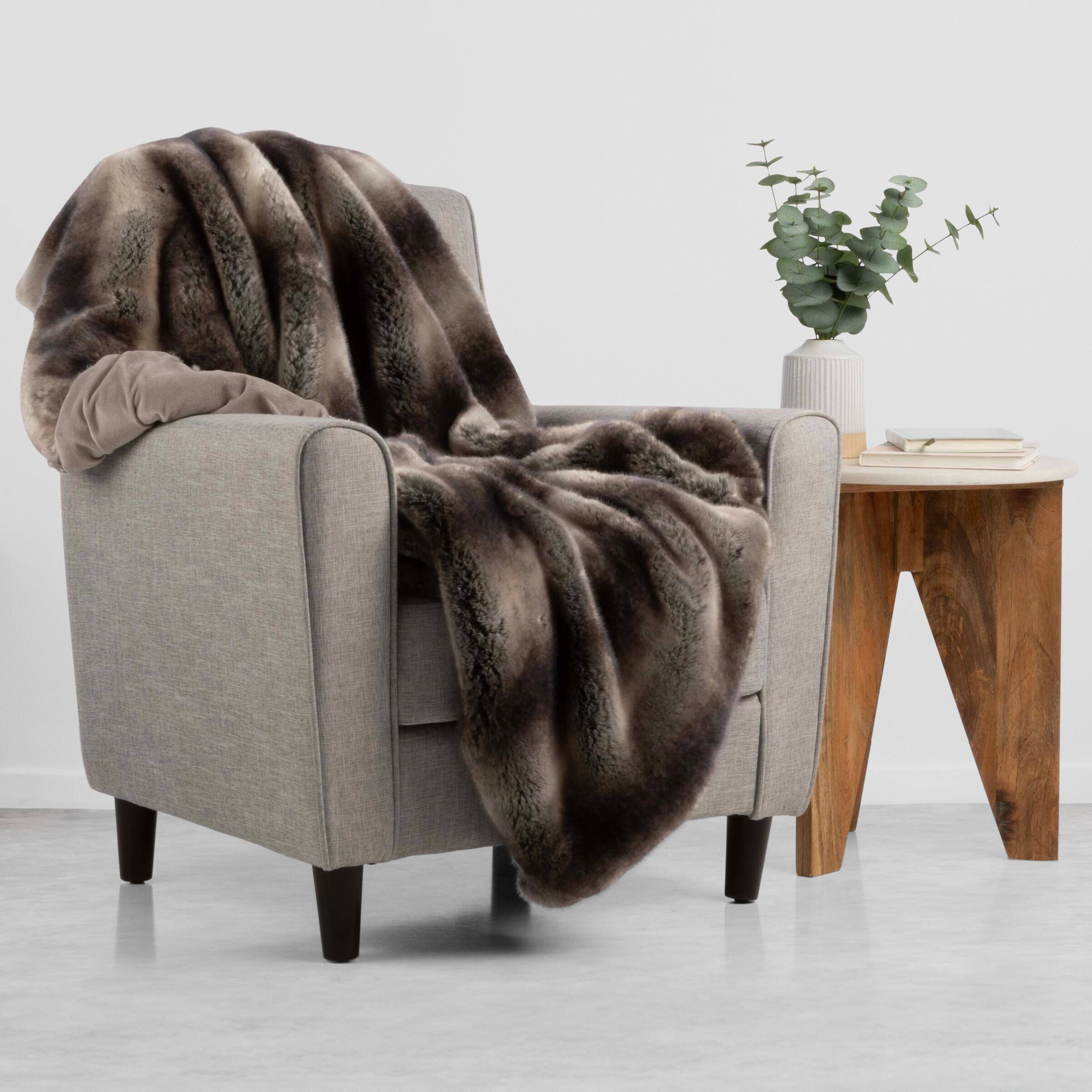 Back. Lavish Home - 60x70in Faux Fur Blanket - Gray and Brown.