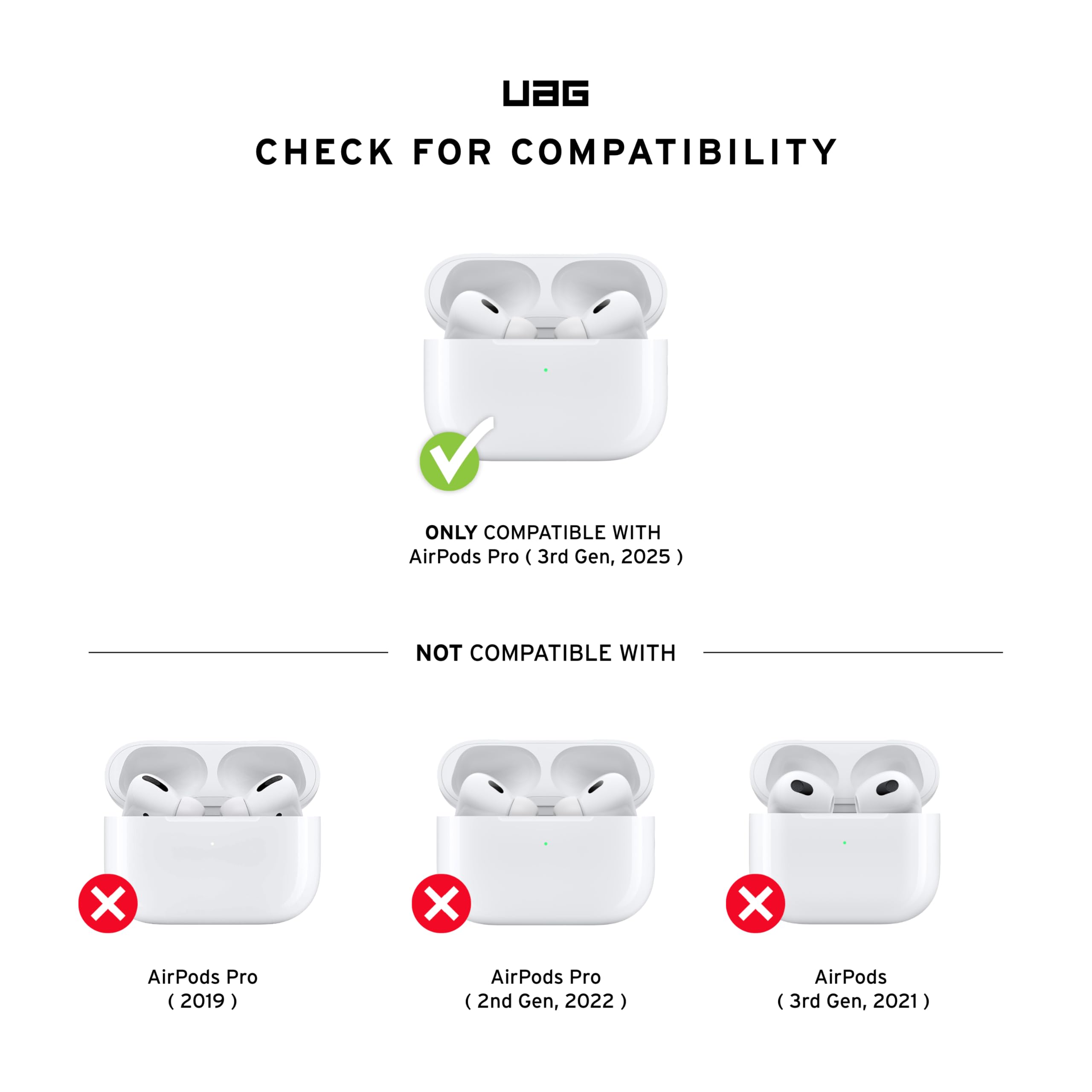 UAG CHECK FOR COMPATIBILITY ONLY COMPATIBLE WITH AirPods Pro (3rd Gen, 2025) NOT COMPATIBLE WITH AirPods Pro (2019) AirPods Pro (2nd Gen, 2022) AirPods (3rd Gen, 2021)