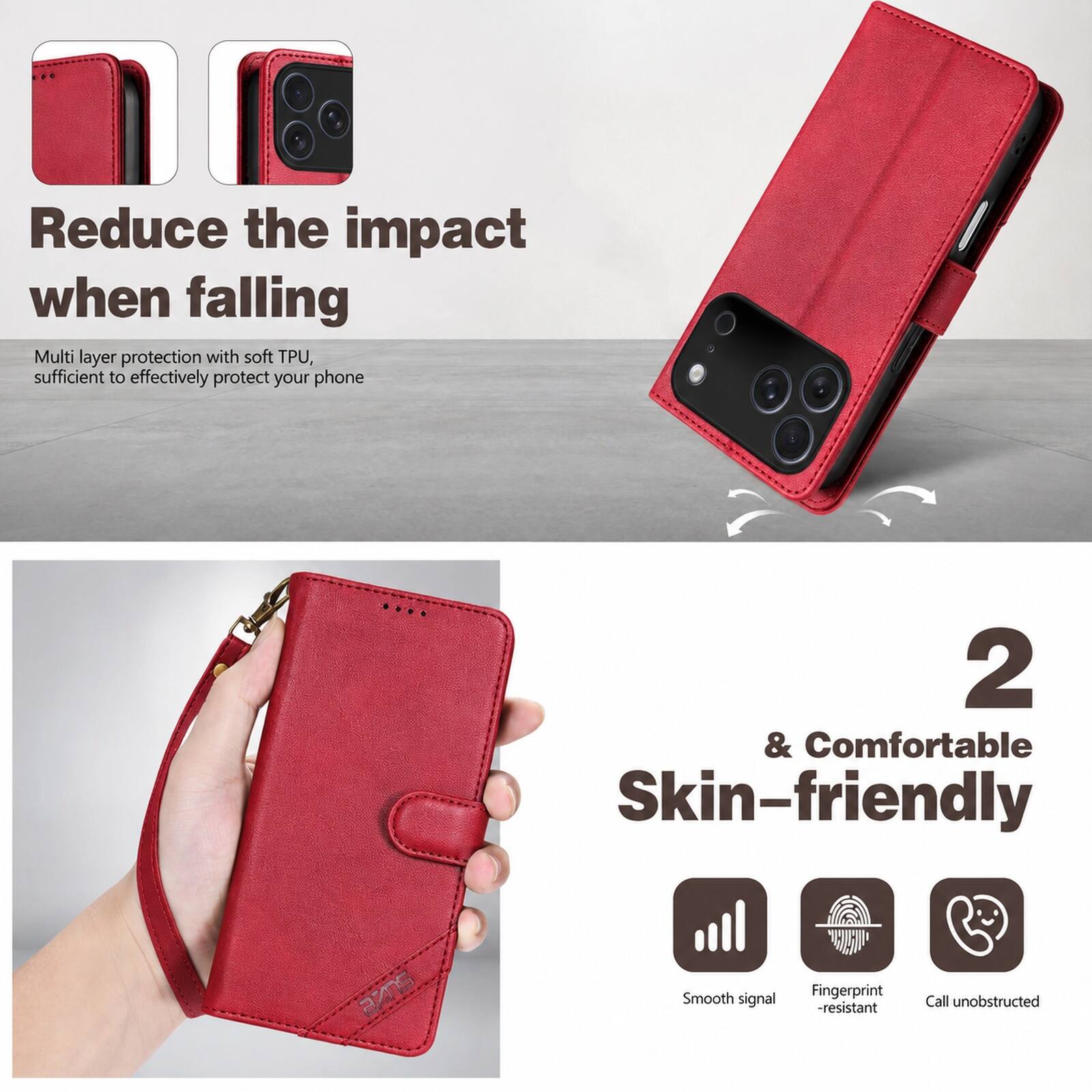 Reduce the impact when falling  
Multi layer protection with soft TPU, sufficient to effectively protect your phone

2 & Comfortable  
Skin-friendly  
Smooth signal  
Fingerprint-resistant  
Call unobstructed
