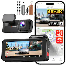 REDTIGER - 4K+4K Dual Dash Cam, 2CH STARVIS 2 IMX678, 128GB eMMC, 4'' Touch Screen, Voice Control, 24H Parking Monitoring - Black