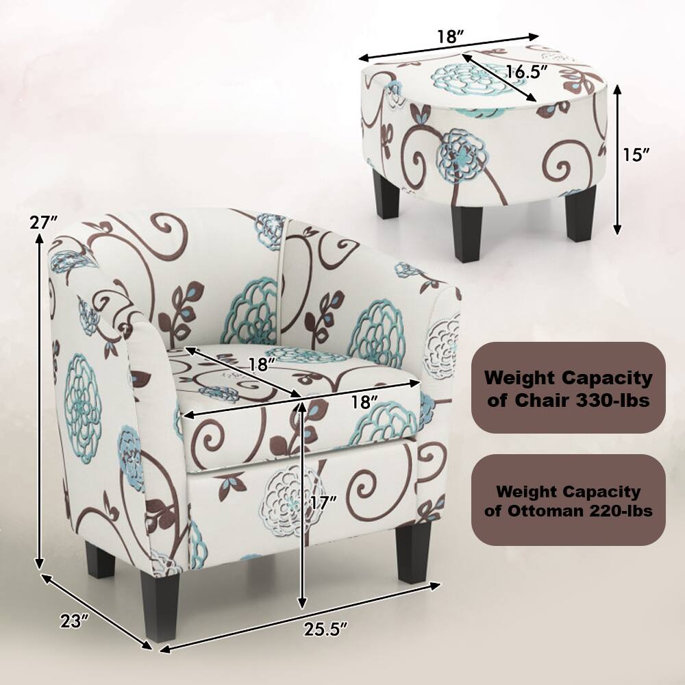 - Chair Dimensions:
  - Height: 27"
  - Width: 23"
  - Depth: 25.5"
  - Seat Height: 17"
  - Seat Width: 18"
  - Seat Depth: 18"

- Ottoman Dimensions:
  - Height: 15"
  - Width: 18"
  - Depth: 16.5"

- Weight Capacity:
  - Chair: 330-lbs
  - Ottoman: 220-lbs