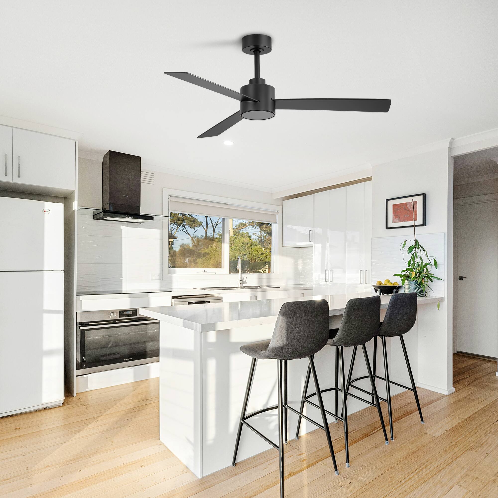 Alt View 2. Breezary - 52" Indoor Ceiling Fan, 3 Plywood Blades, 6-Speed DC Motor, Remote & Timer, 5" & 10" Downrods, LED Light/No Light Option - Matte Black (Without Light).