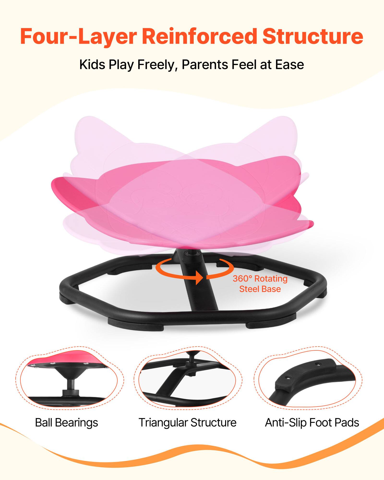 Four-Layer Reinforced Structure  
Kids Play Freely, Parents Feel at Ease  

360° Rotating Steel Base  
Ball Bearings  
Triangular Structure  
Anti-Slip Foot Pads