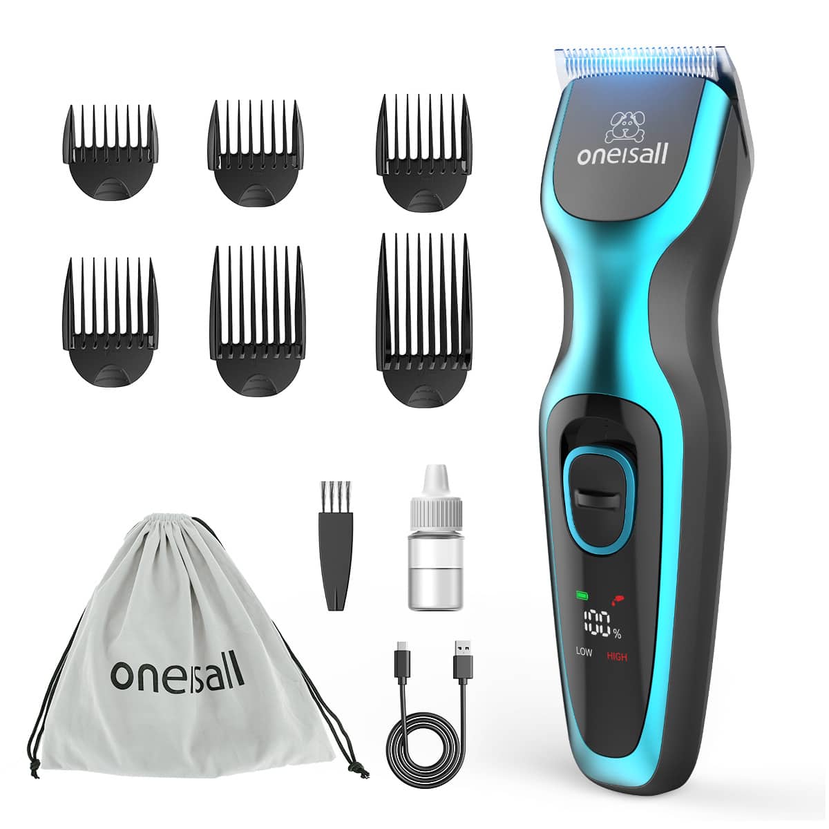 Oneisall - 2000mAh Wireless Dog Clipper Paw Trimmer For Full Body Grooming Tool With Adjustable Speed,LED Screen,6 Combs,1 Pouch