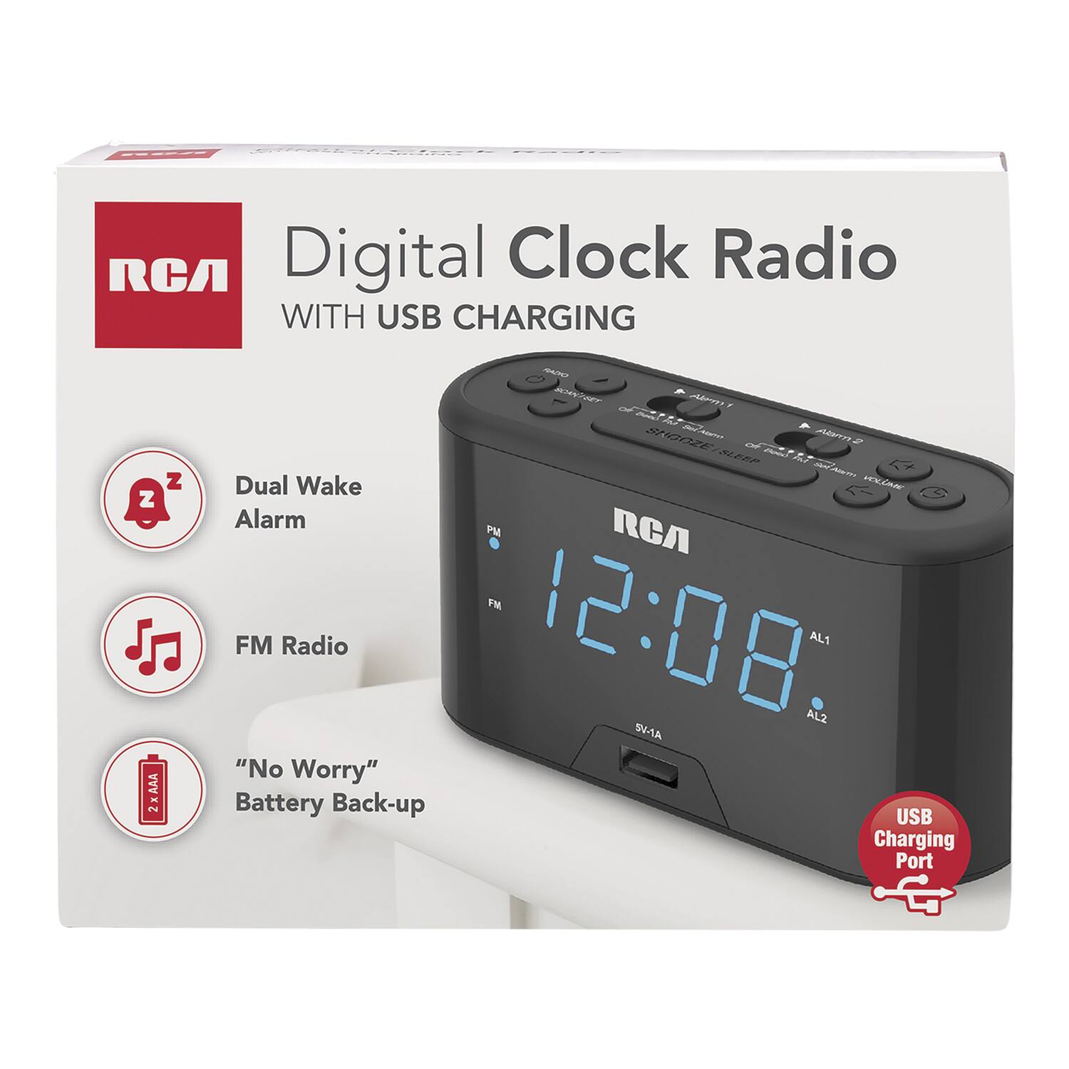 RCA Digital Clock Radio WITH USB CHARGING

- Dual Wake Alarm
- FM Radio
- "No Worry" Battery Back-up
- USB Charging Port