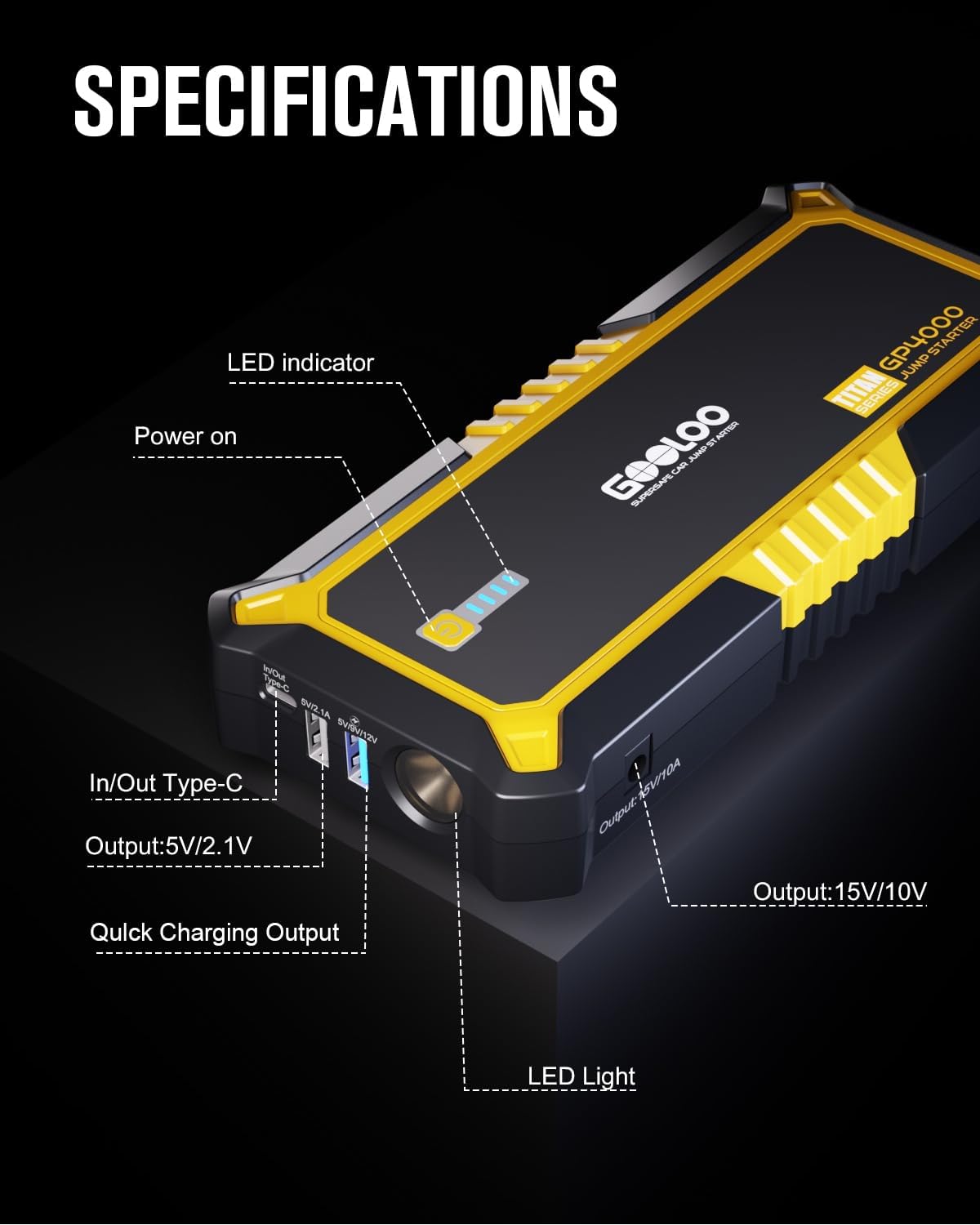 GOOLOO GP4000 4000A Jump Starter for All Gas/10.0L Diesel, 12V