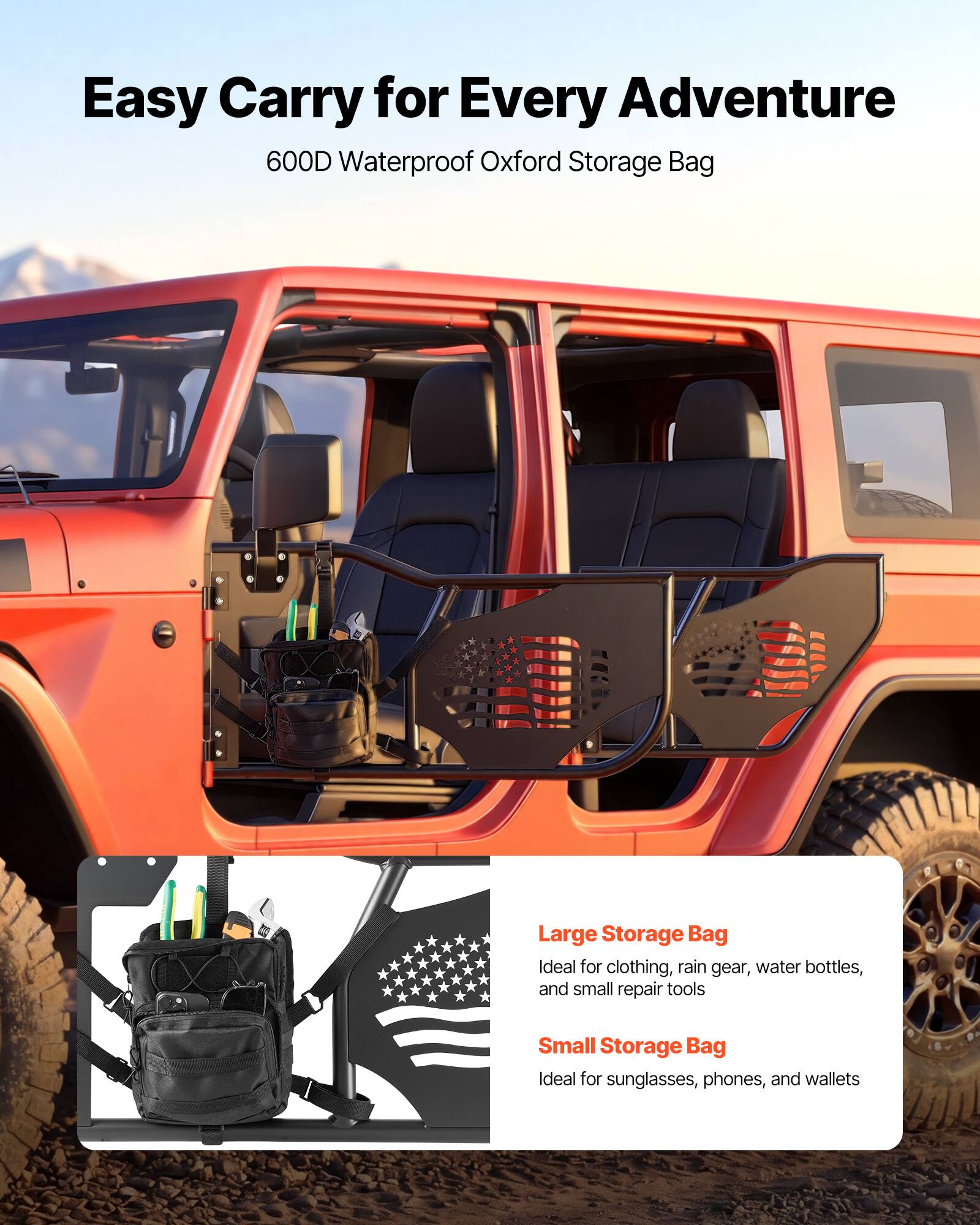 Easy Carry for Every Adventure  
600D Waterproof Oxford Storage Bag  

Large Storage Bag  
Ideal for clothing, rain gear, water bottles, and small repair tools  

Small Storage Bag  
Ideal for sunglasses, phones, and wallets