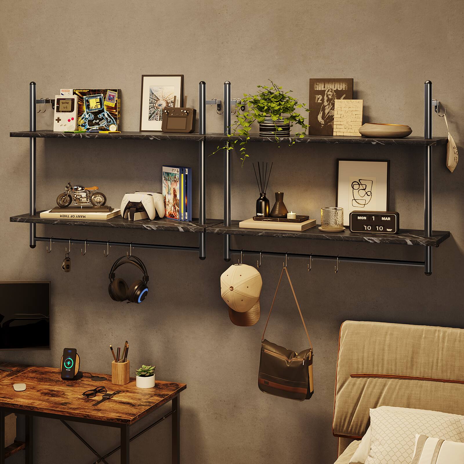 I will gather and correct the text from the image:

1. On the shelf:
   - "Glamour 12"
   - "MON 1 MAR 10 10"

2. On the book:
   - "THE WORLD OF NATURE"

3. On the small sign:
   - "I LOVE YOU"

4. On the small device:
   - "ON"

5. On the small sign:
   - "I LOVE YOU"

6. On the small device:
   - "ON"

7. On the small sign:
   - "I LOVE YOU"

8. On the small device:
   - "ON"

9. On the small sign:
   - "I LOVE YOU"

10. On the small device:
    - "ON"

11. On the small sign:
    - "I LOVE YOU"

12. On the small device:
    - "ON"

13. On the small sign:
    - "I LOVE YOU"

14. On the small device:
    - "ON"

15. On the small sign:
    - "I LOVE YOU"

16. On the small device:
    - "ON"

17. On the small sign:
    - "