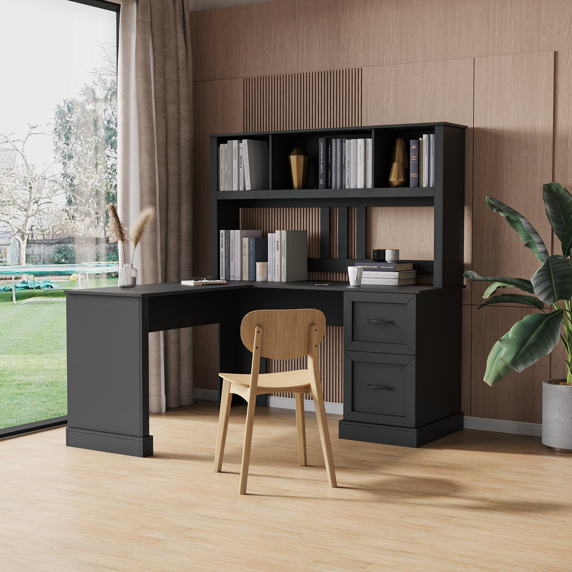 Lirago - 60 Inch Home Office Computer Desk with Hutch - Black