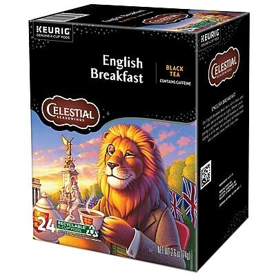 KEURIG GENUINE K-CUP PODS  
English Breakfast  
BLACK TEA  
CONTAINS CAFFEINE  
CELESTIAL SEASONINGS  
24 RECYCLABLE PODS  
NET WT 2.6 OZ (74g)