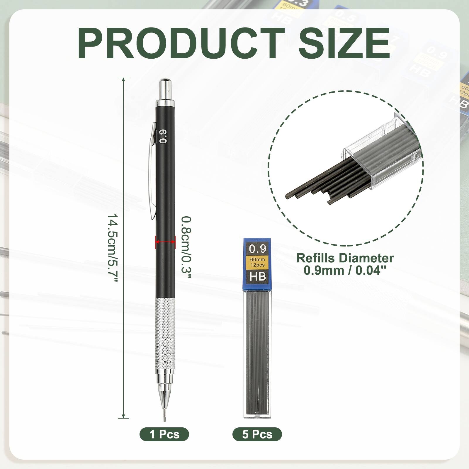 BOV HB 0.5 5 PRODUCT SIZE 0.9 ee HB - 60 2 HB 0.9 14.5cm/5.7" 0.8cm/0.3" 0.9 60mm 12pcs HB Refills Diameter 0.9mm / 0.04" 1 Pcs 5 Pcs
