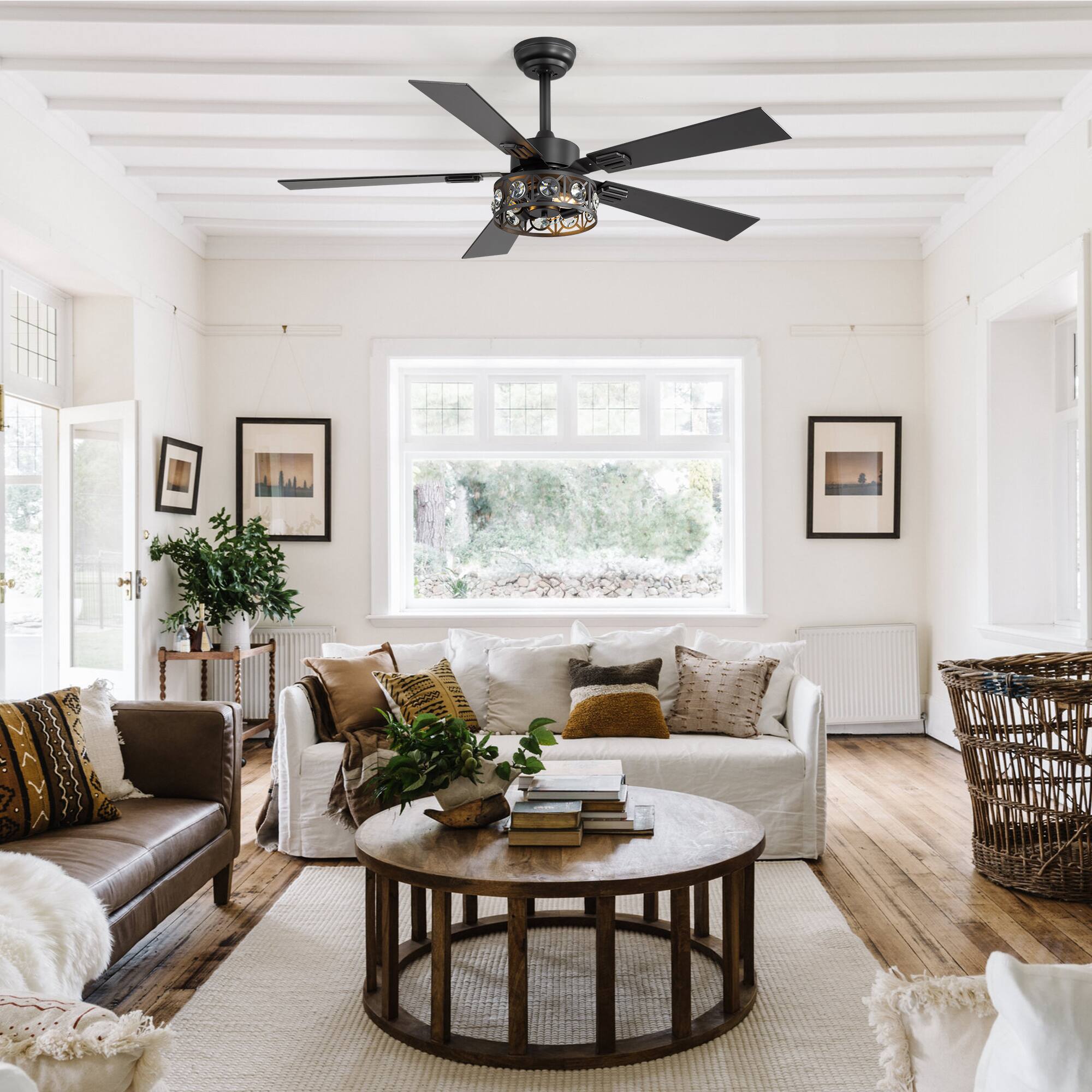 Back. Breezary - 48" Ceiling Fan with 5 Plywood Dual Finish Blades, 6 Speeds, DC Motor, 4''&8'' Downrods, Remote Control & Timer - Matte Black and Dark Wood Grain.