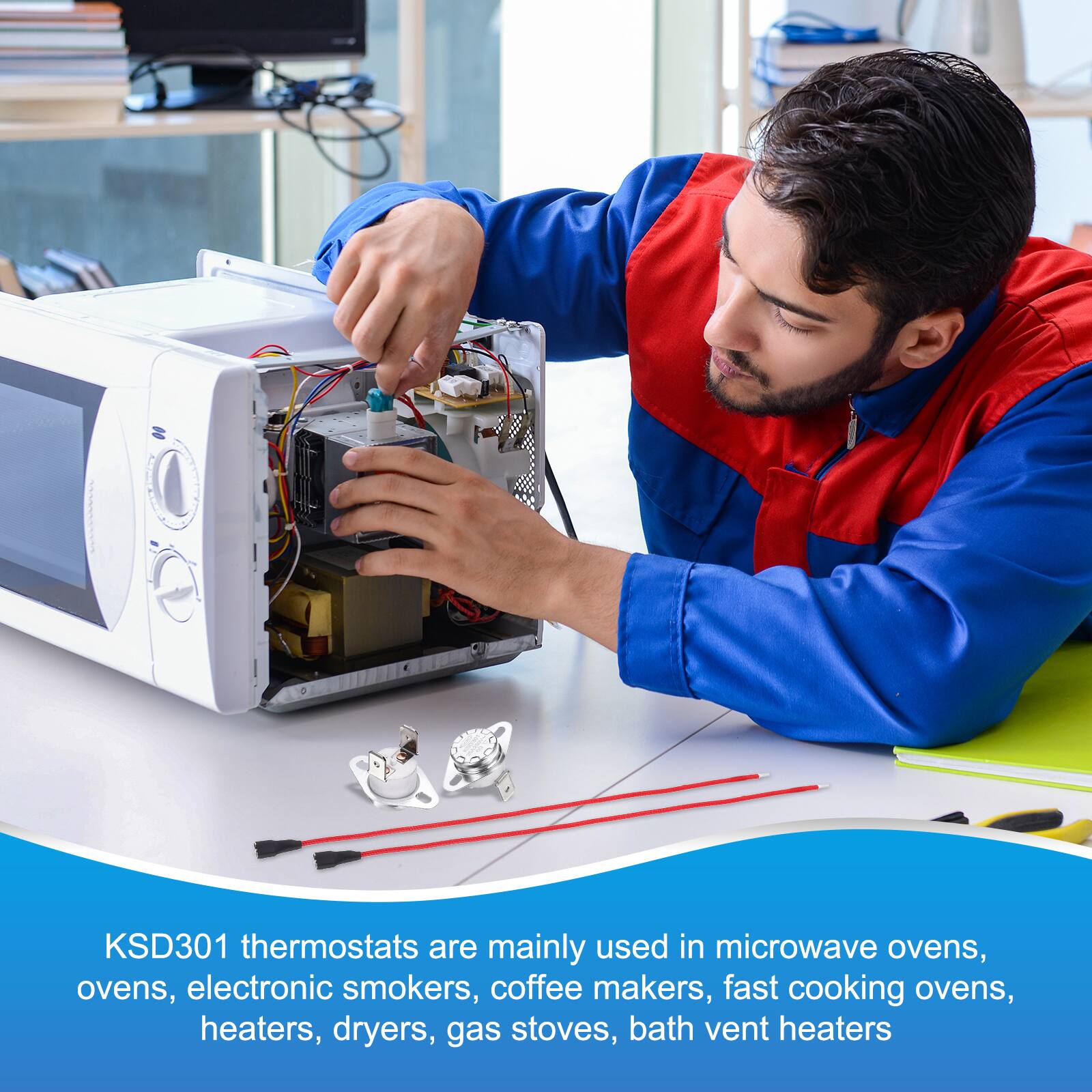 KSD301 thermostats are mainly used in microwave ovens, ovens, electronic smokers, coffee makers, fast cooking ovens, heaters, dryers, gas stoves, bath vent heaters