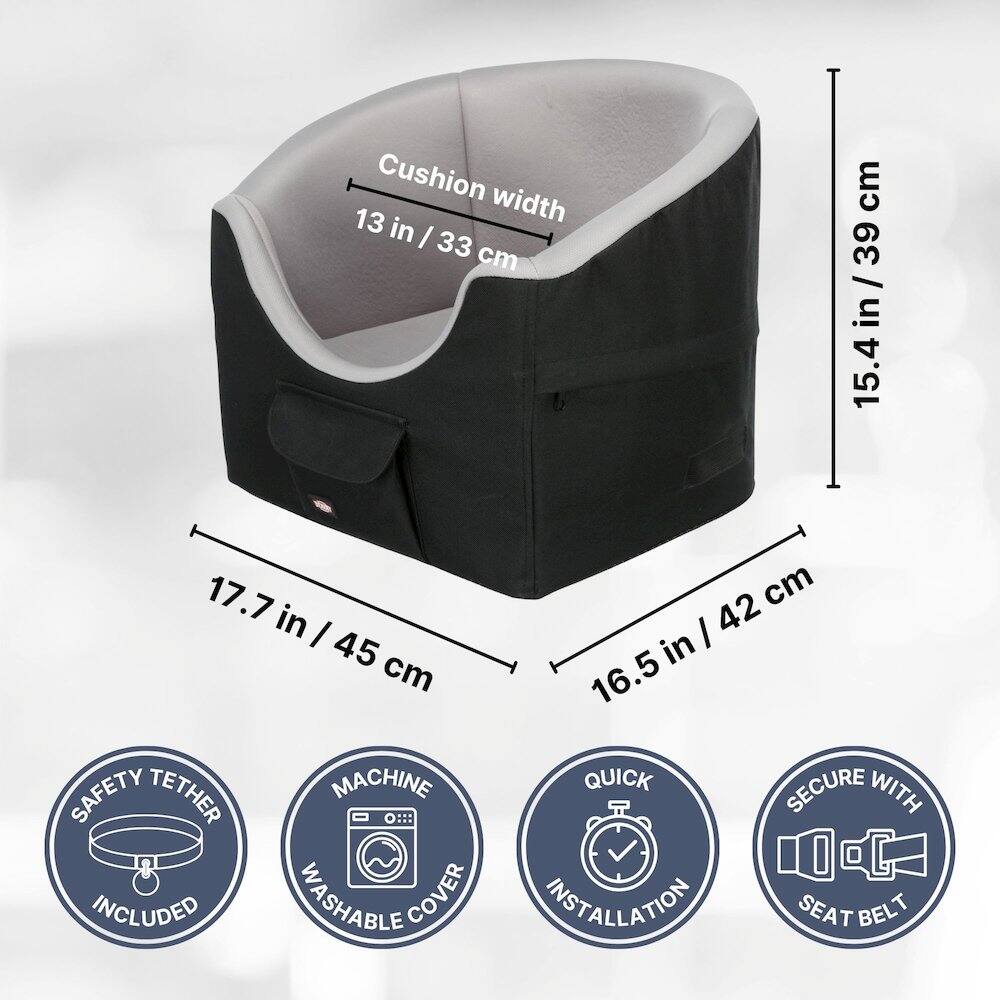 Cushion width: 13 in / 33 cm  
Height: 15.4 in / 39 cm  
Depth: 17.7 in / 45 cm  
Width: 16.5 in / 42 cm  

Features:  
- Safety Tether Included  
- Machine Washable Cover  
- Quick Installation  
- Secure with Seat Belt