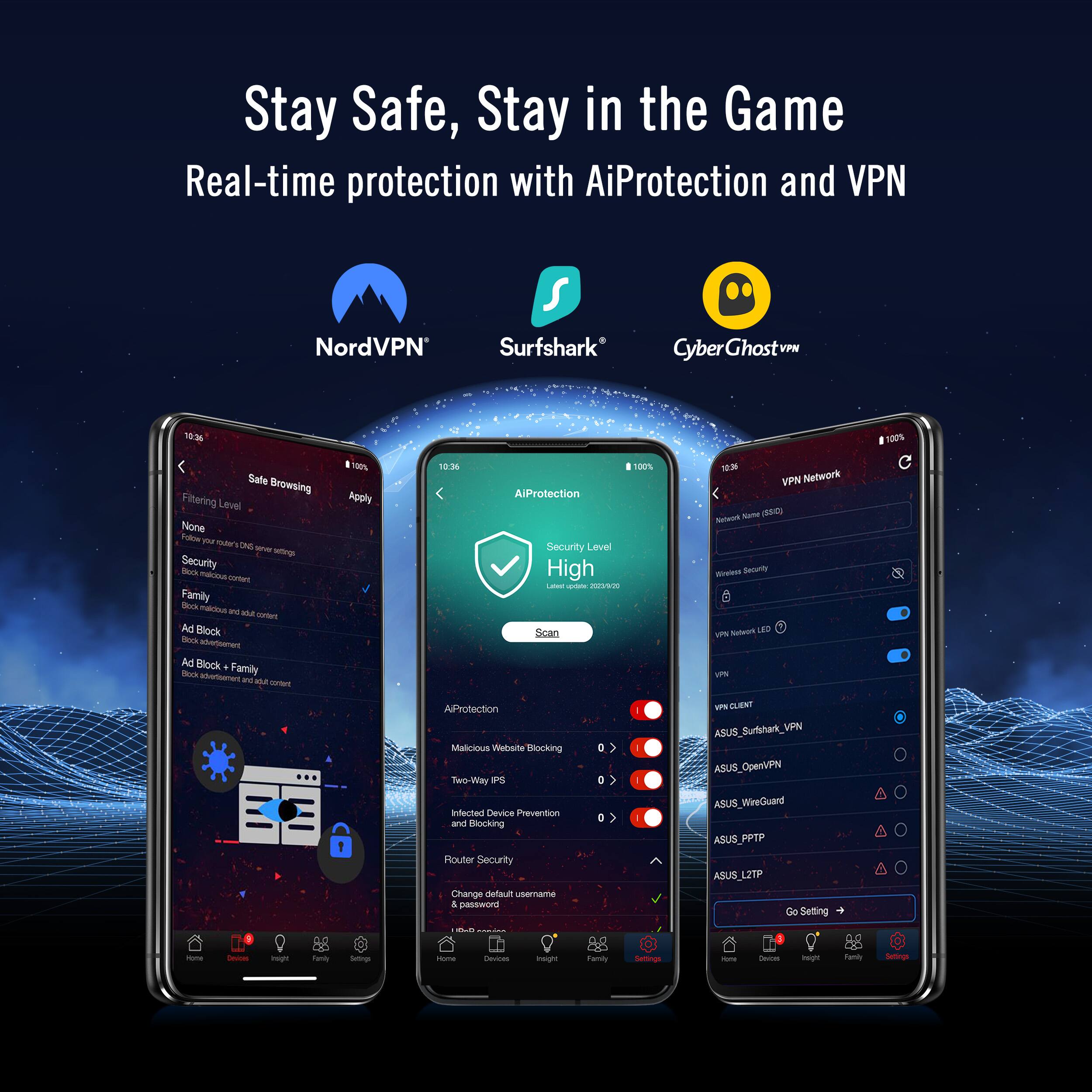 Stay Safe, Stay in the Game  
Real-time protection with AiProtection and VPN  

NordVPN  
Surfshark  
CyberGhostVPN  

Safe Browsing  
Filtering Level: None  
Security  
- Family  
- Ad Block  
- Ad Block + Family  

AiProtection  
Security Level: High  
- Malicious Website Blocking  
- Two-Way IPS  
- Infected Device Prevention and Blocking  
- Router Security  
- Change default username and password  

VPN Network  
- ASUS_Surfshark_VPN  
- ASUS_OpenVPN  
- ASUS_WireGuard  
- ASUS_PPTP  
- ASUS_L2TP  

Settings  
- Home  
- Devices  
- Internet  
- Family  
- Settings
