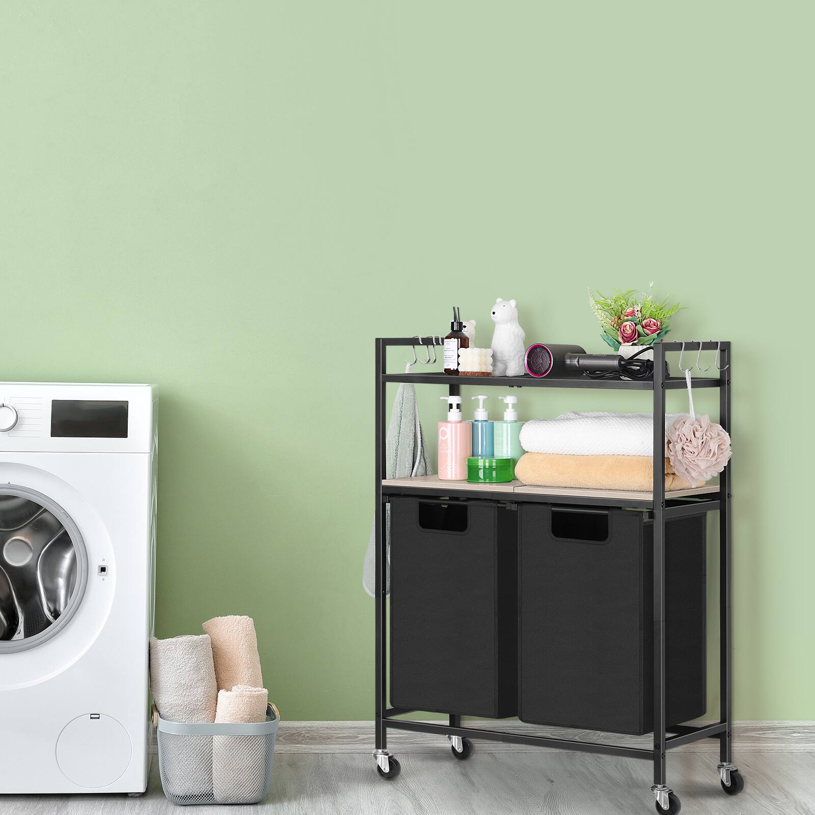 Alt View 3. Oumilen - 2-Section Rolling Laundry Hamper Cart – Metal Sorter with 2-Tier Shelves & Removable Bags, Black - Black.