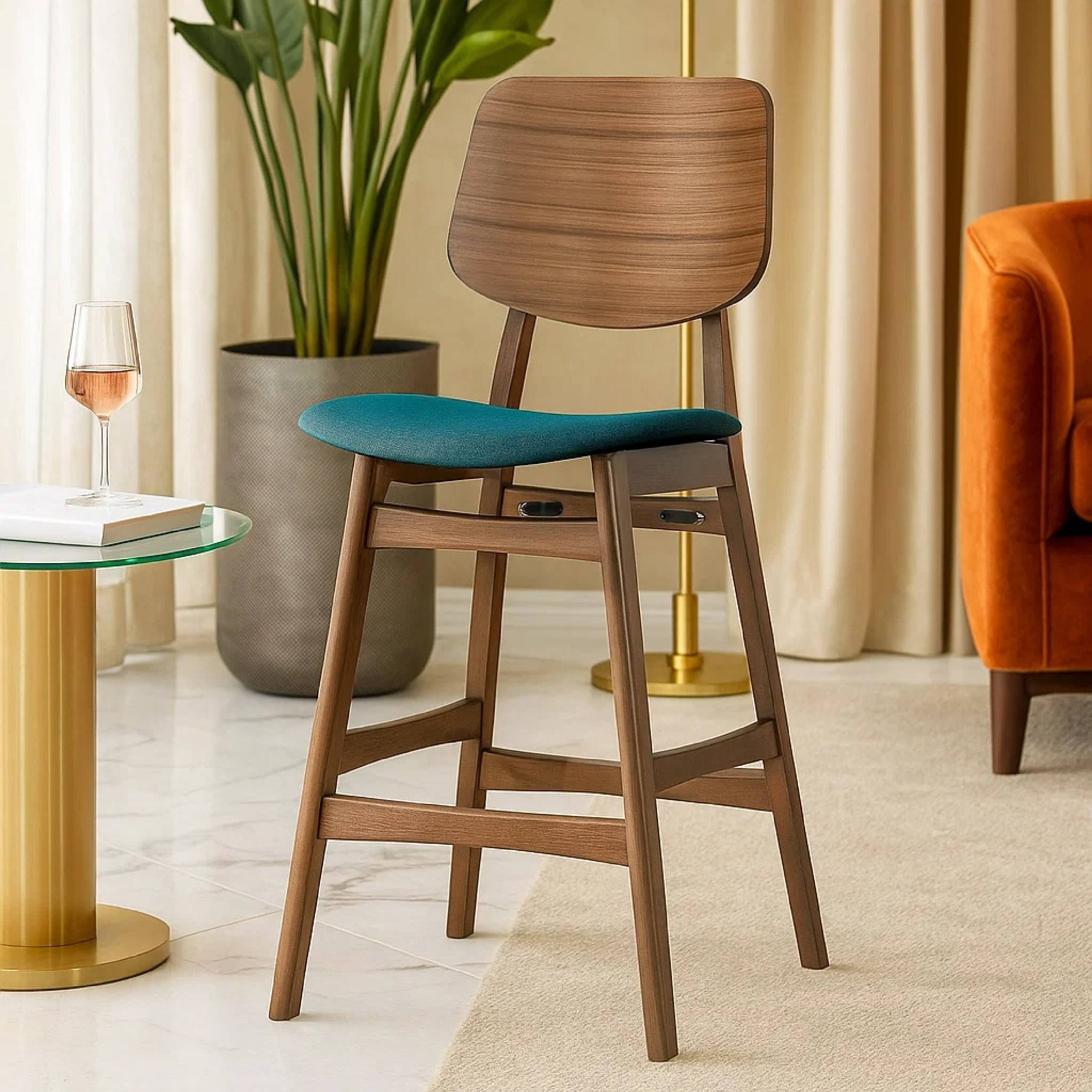 Alt View 3. Manhattan Lane - Scar Counter Height Chair Set of 2, Teal Green Cushion, Walnut - Walnut Brown, Teal Green.