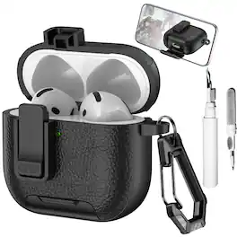 Dteck - Earphone Case for Apple Airpods 4th Gen with Phone Holder & Keychain,Leather Texture Earbuds Cover for Man Women - Black
