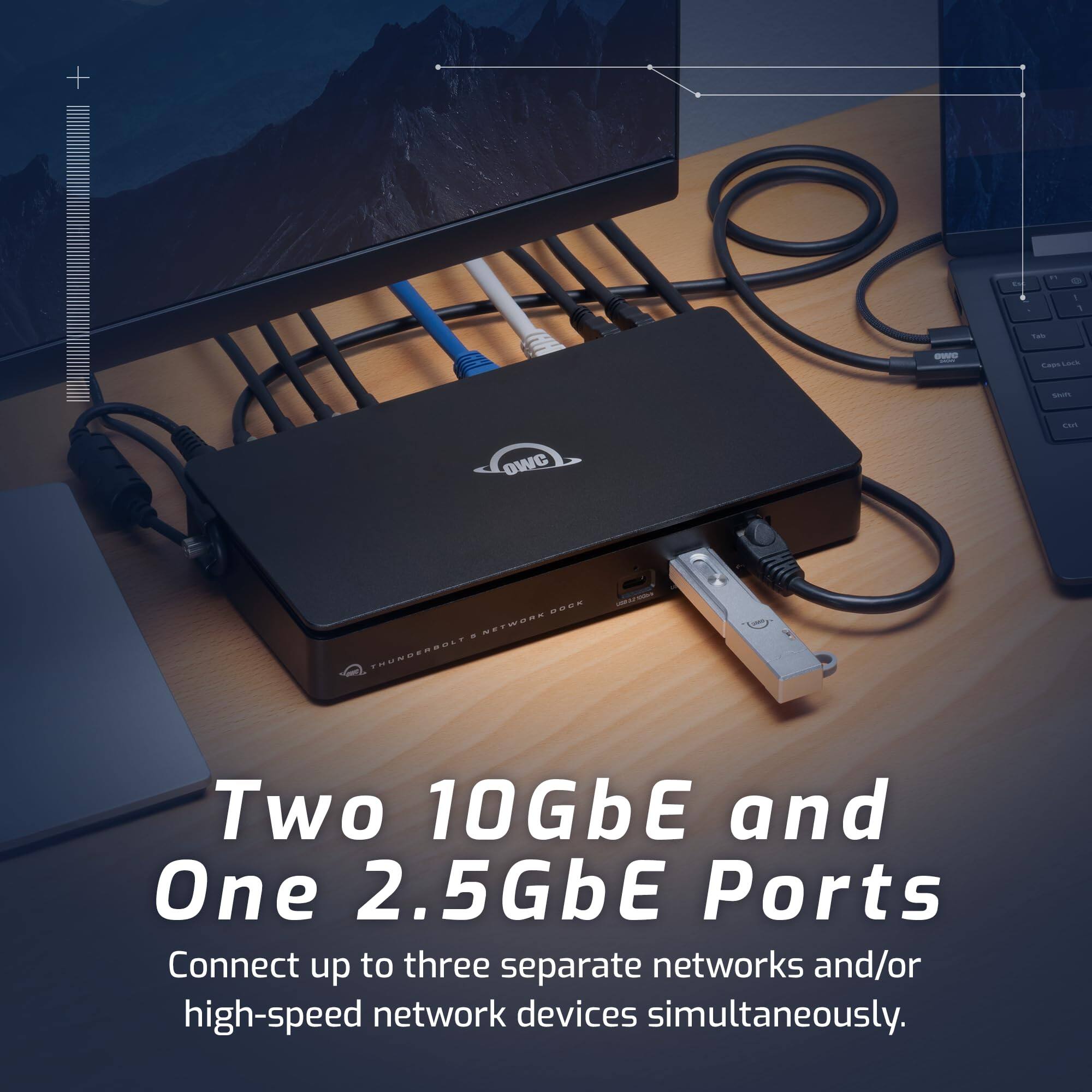 Two 10GbE and One 2.5GbE Ports  
Connect up to three separate networks and/or high-speed network devices simultaneously.