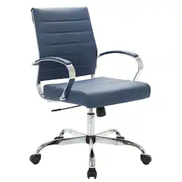 LeisureMod - Benmar Modern Leather Office Desk Chair with Ribbed Seat Design and Steel Frame Computer Chair - Navy Blue