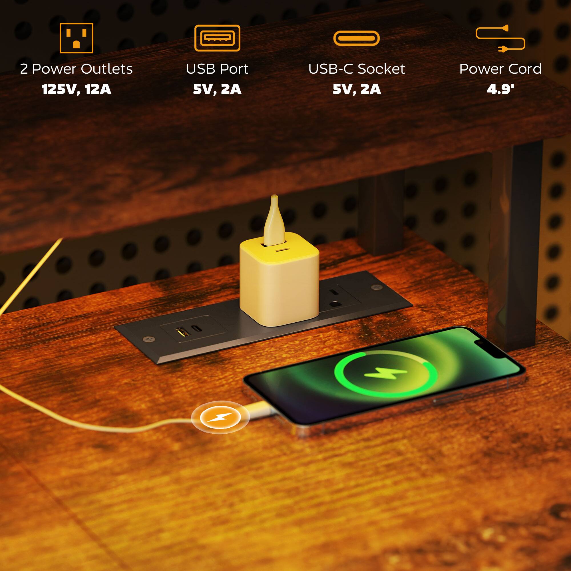 2 Power Outlets 125V, 12A, USB Port 5V, 2A, USB-C Socket 5V, 2A, Power Cord 4.9'