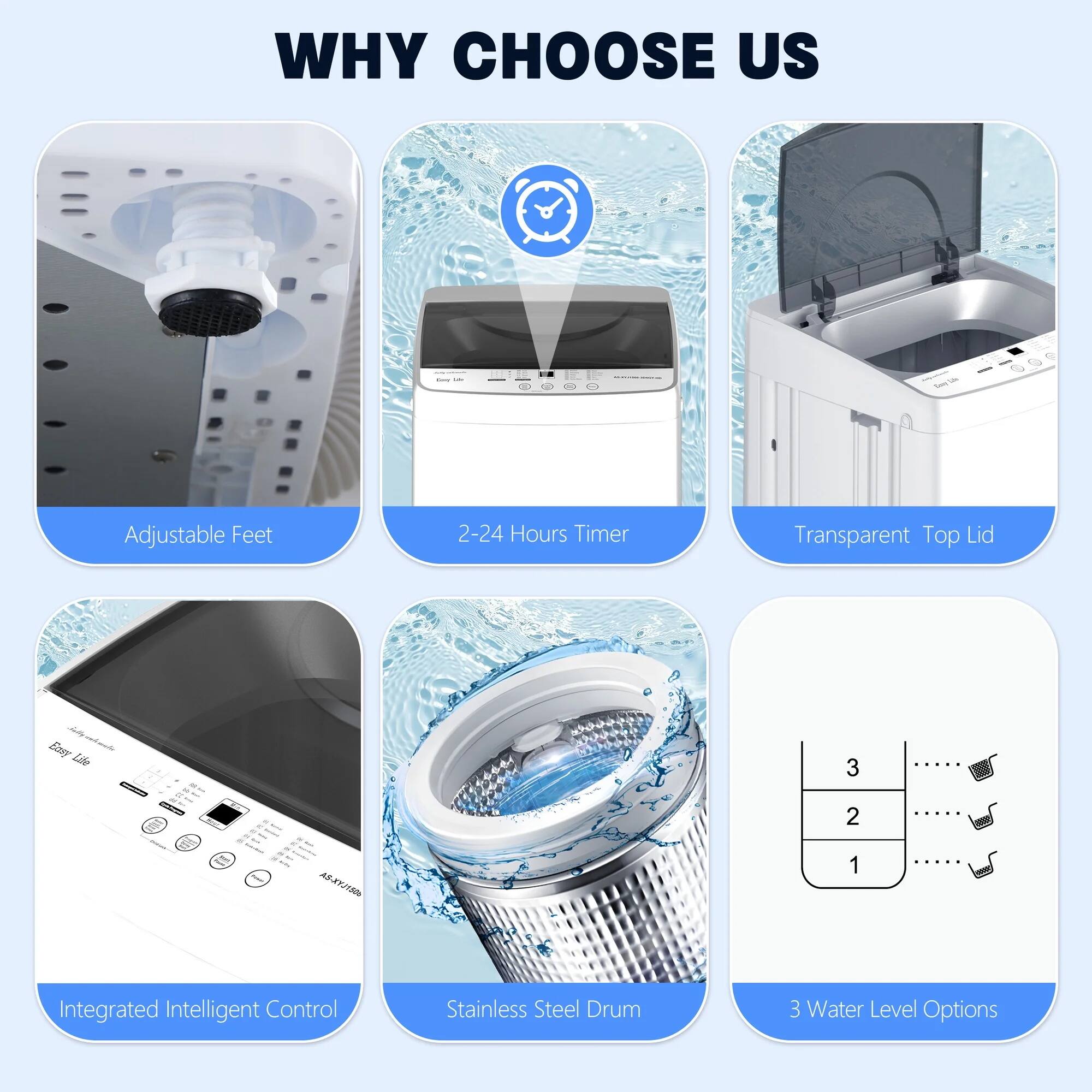 WHY CHOOSE US

- Adjustable Feet
- 2-24 Hours Timer
- Transparent Top Lid
- Integrated Intelligent Control
- Stainless Steel Drum
- 3 Water Level Options