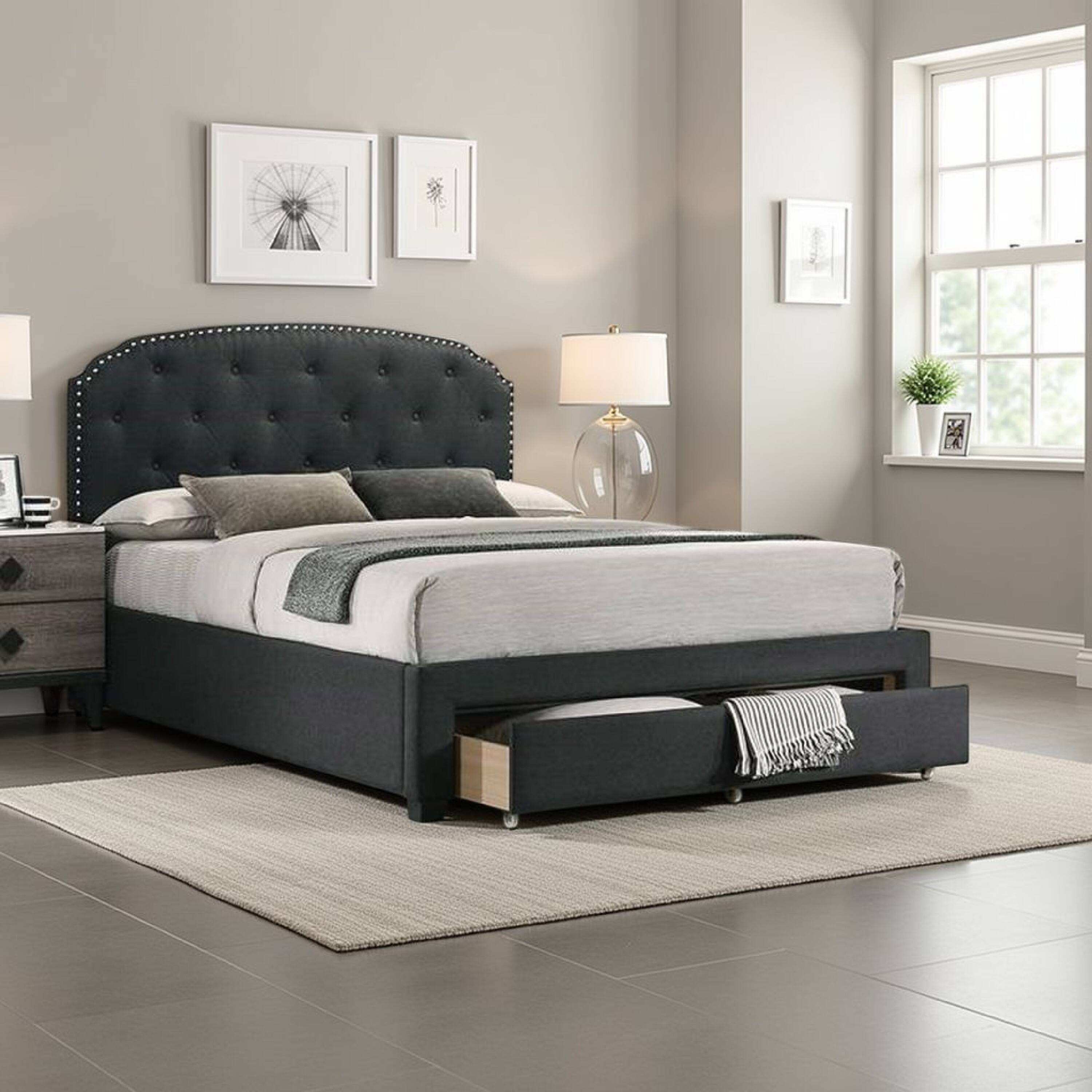 Alt View 5. Manhattan Lane - Nue Twin Upholstered Bed, Curved Tufted Headboard, Charcoal Gray Burlap - Charcoal Gray.