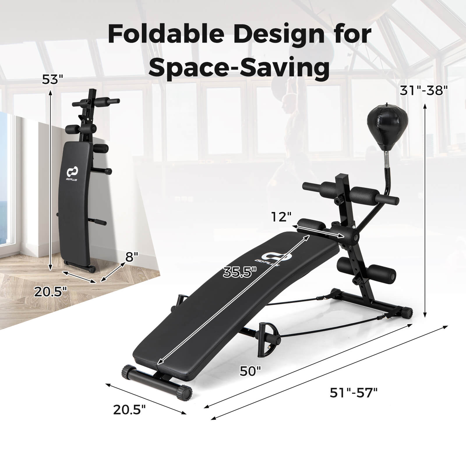 The text on the image reads: "53" Foldable Design for Space-Saving 31"-38" - 12" 20.5" 8" a C 35.5" D 50" 20.5" 51"-57" A."
