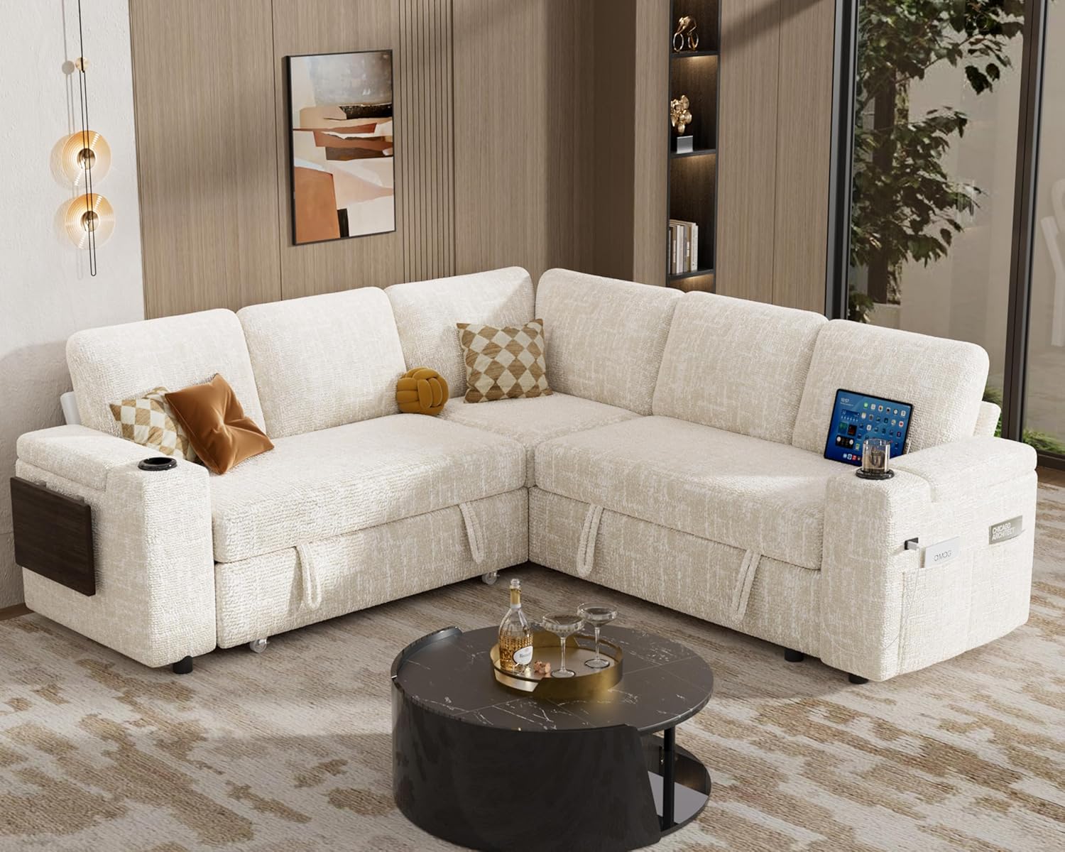 Angle. Vipbear - Vipbear 85" Modular Sectional Sleeper Sofa with Pull Out Bed, 5 Seat L Shaped with Reclining Backrest,Chenille White - Beige.