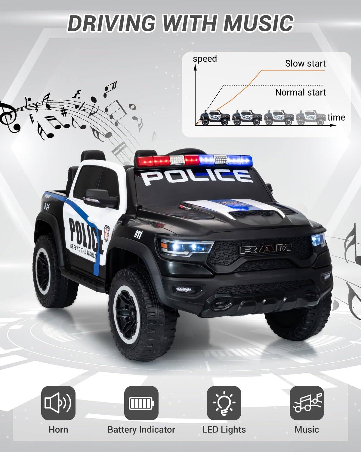 DRIVING WITH MUSIC

speed
Slow start
Normal start

time

POLICE
POLICE
M11
DEFEND THE RAM WORLD

Horn
Battery Indicator
LED Lights
Music