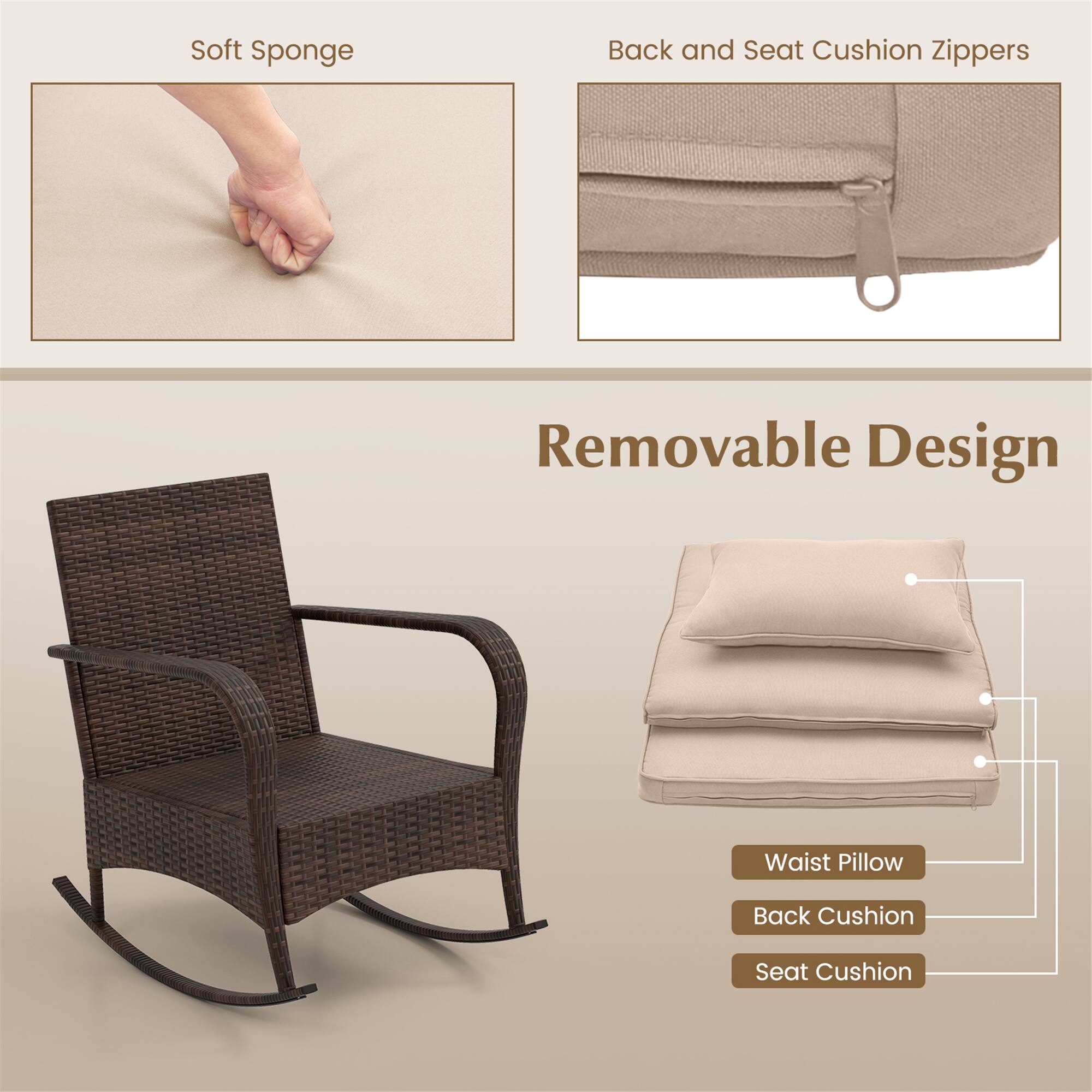 Soft Sponge

Back and Seat Cushion Zippers

Removable Design

Waist Pillow

Back Cushion

Seat Cushion