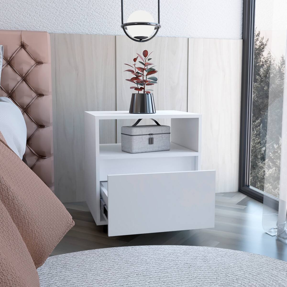 Back. Loheer - Loheer White Nightstand with Drawer, Caster Wheels and Divided Shelf for Bedroom - White.