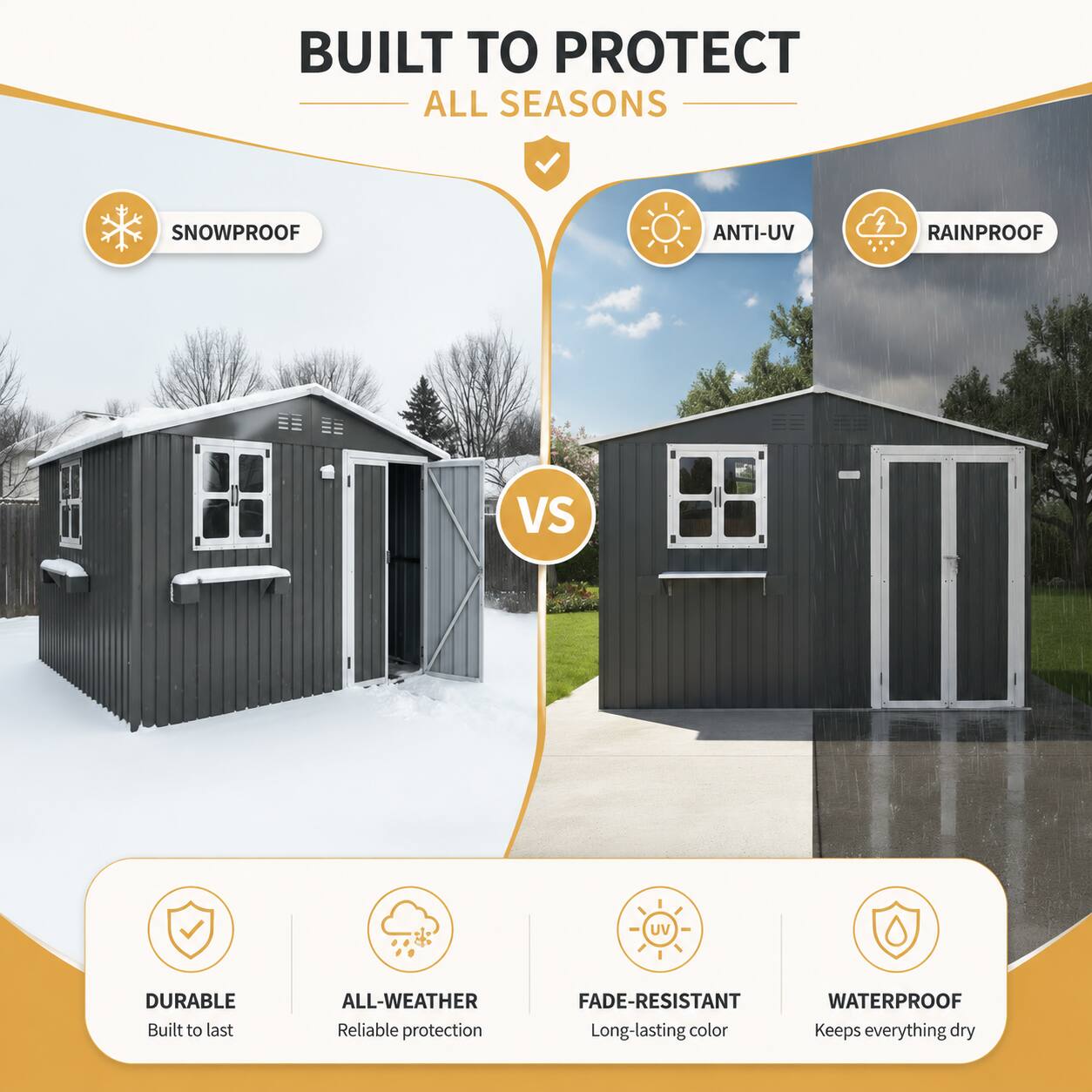 BUILT TO PROTECT ALL SEASONS

SNOWPROOF
ANTI-UV
RAINPROOF

DURABLE
Built to last

ALL-WEATHER
Reliable protection

FADE-RESISTANT
Long-lasting color

WATERPROOF
Keeps everything dry
