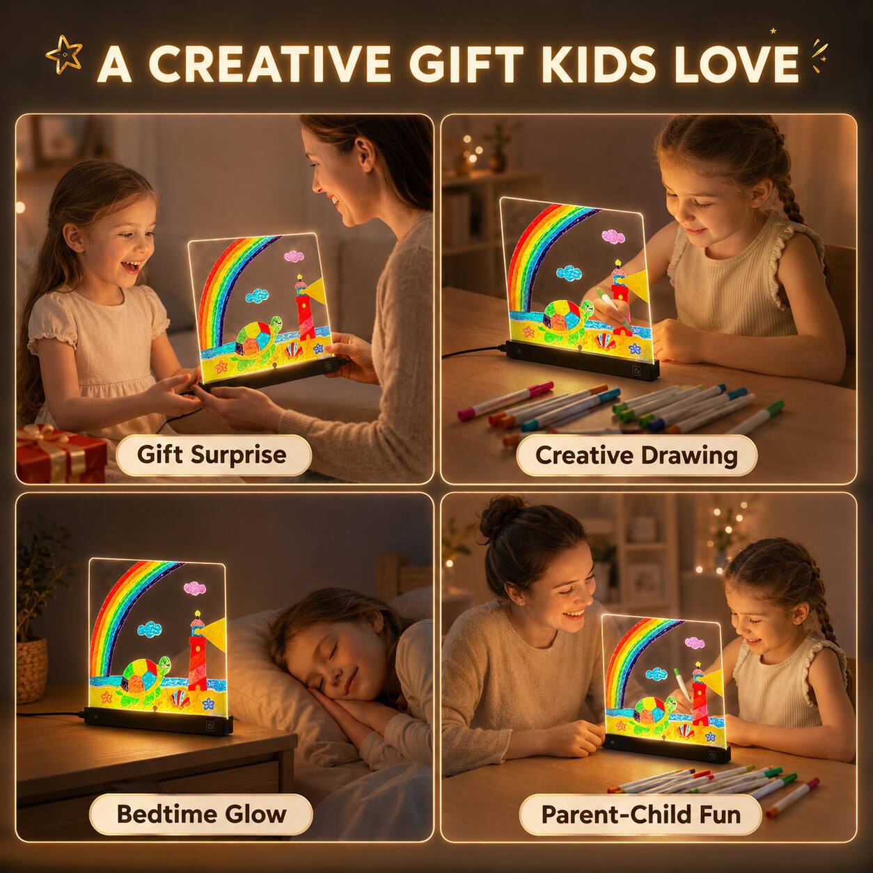 A CREATIVE GIFT KIDS LOVE

Gift Surprise
Creative Drawing
Bedtime Glow
Parent-Child Fun
