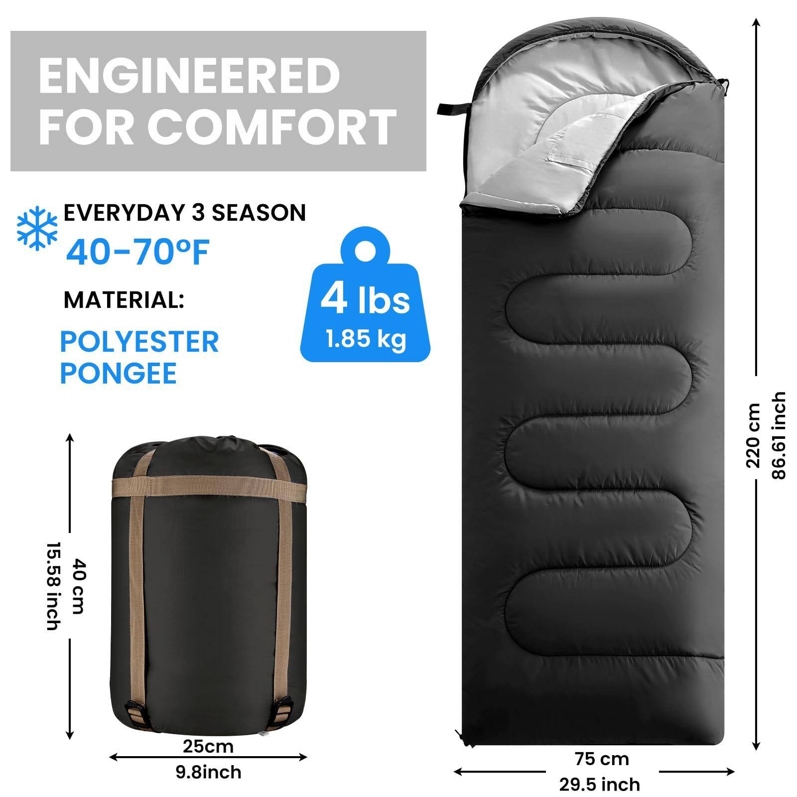 ENGINEERED FOR COMFORT

EVERYDAY 3 SEASON  
40–70°F

MATERIAL:  
POLYESTER PONGEE

4 lbs  
1.85 kg

15.58 inch  
40 cm

220 cm  
86.61 inch

25 cm  
9.8 inch

75 cm  
29.5 inch