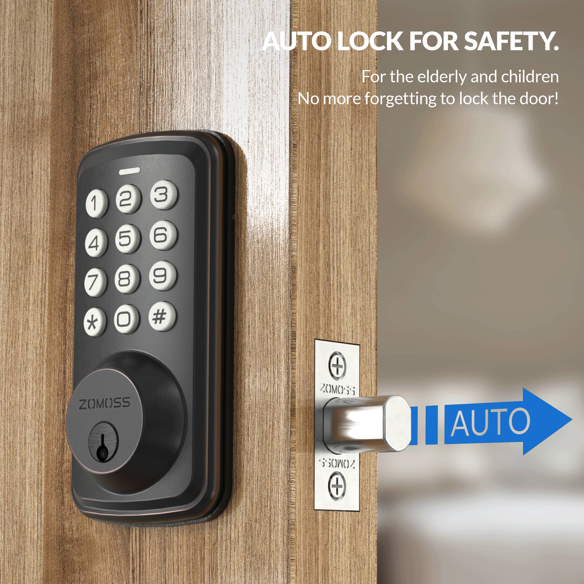 AUTO LOCK FOR SAFETY.  
For the elderly and children  
No more forgetting to lock the door!  

ZOMOSS  
AUTO