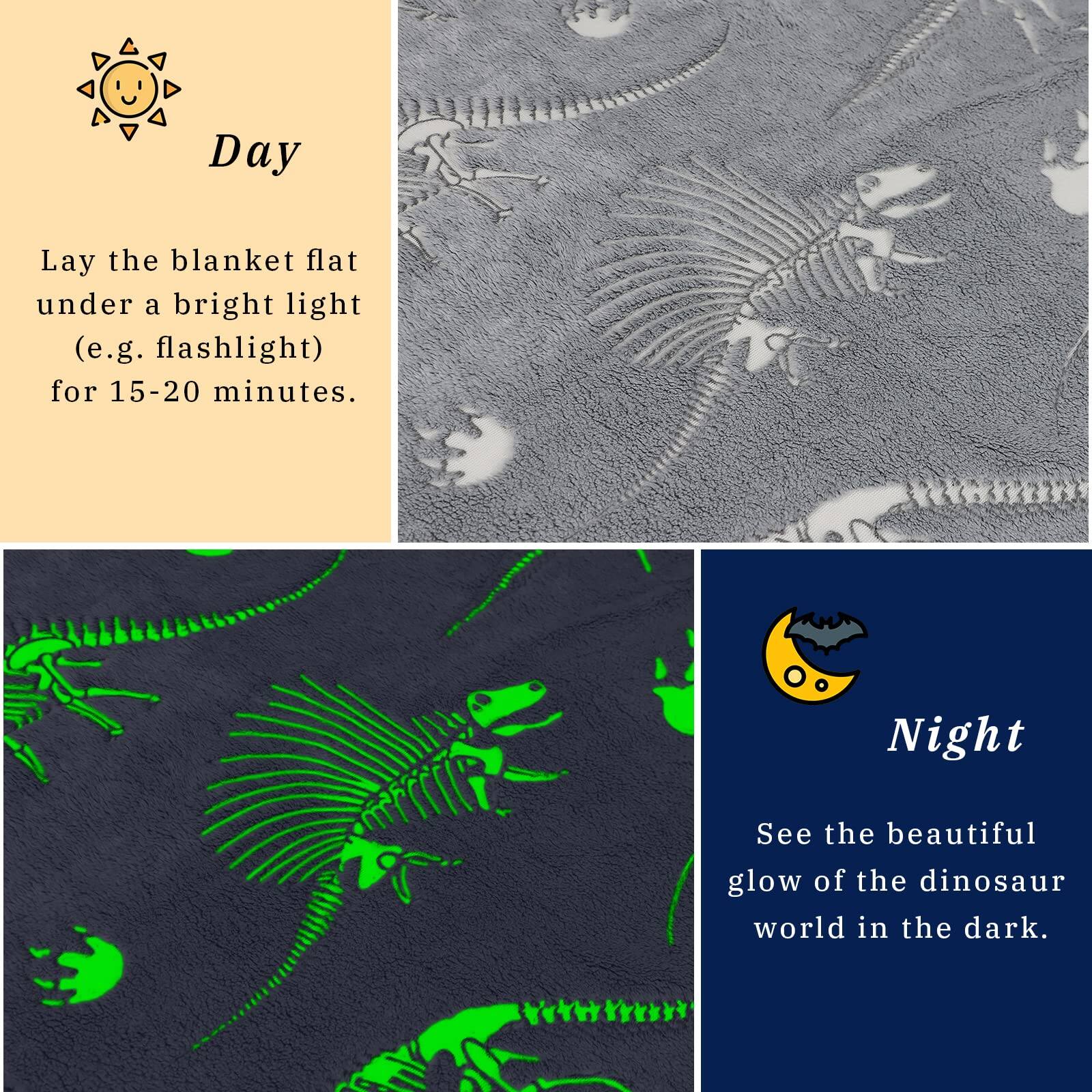 **Day**  
Lay the blanket flat under a bright light (e.g., flashlight) for 15-20 minutes.

**Night**  
See the beautiful glow of the dinosaur world in the dark.