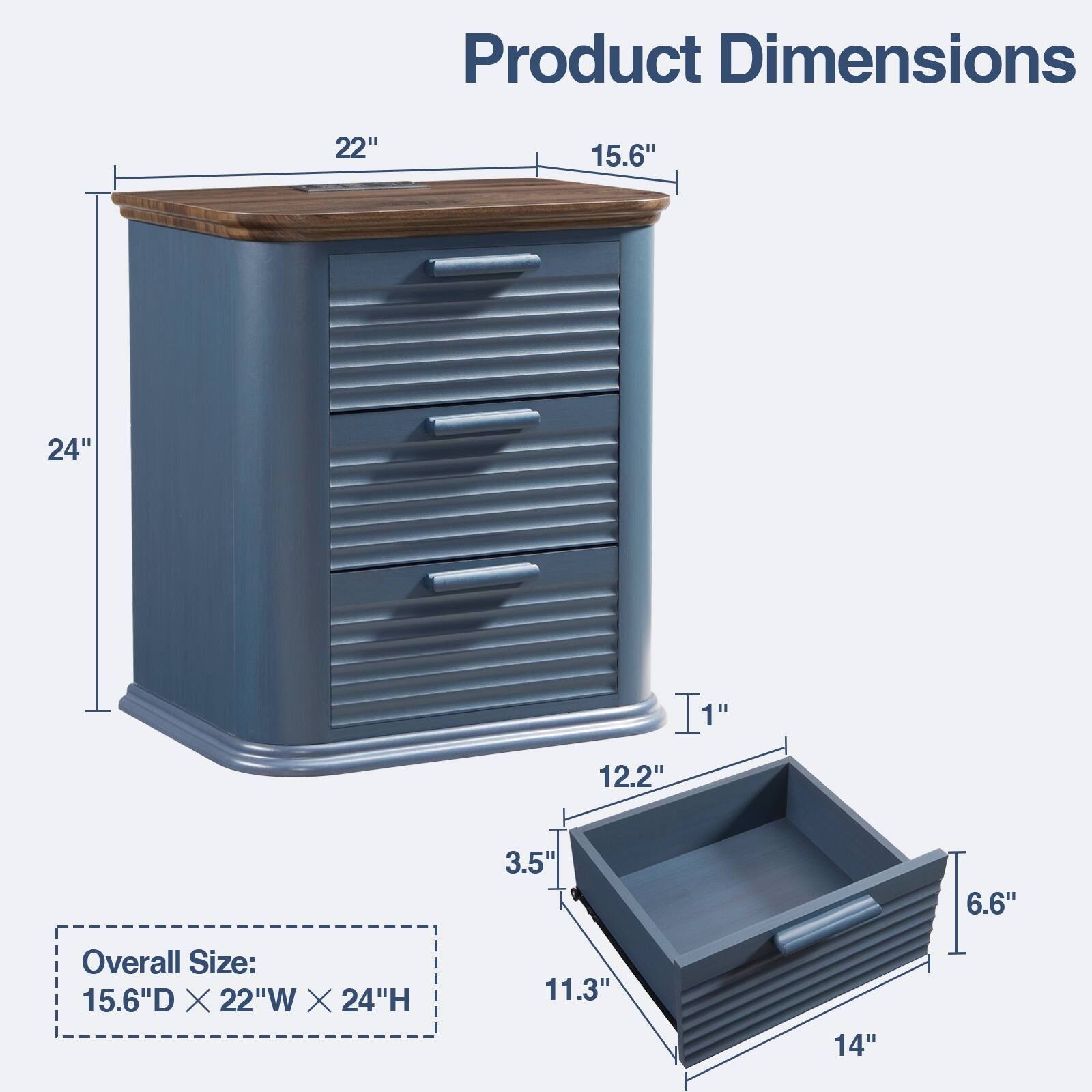 Product Dimensions:  
- 22"  
- 15.6"  
- 24"  
- 1"  
- 12.2"  
- 3.5"  
- 6.6"  
- 11.3"  
- 14"  

Overall Size: 15.6"D X 22"W X 24"H