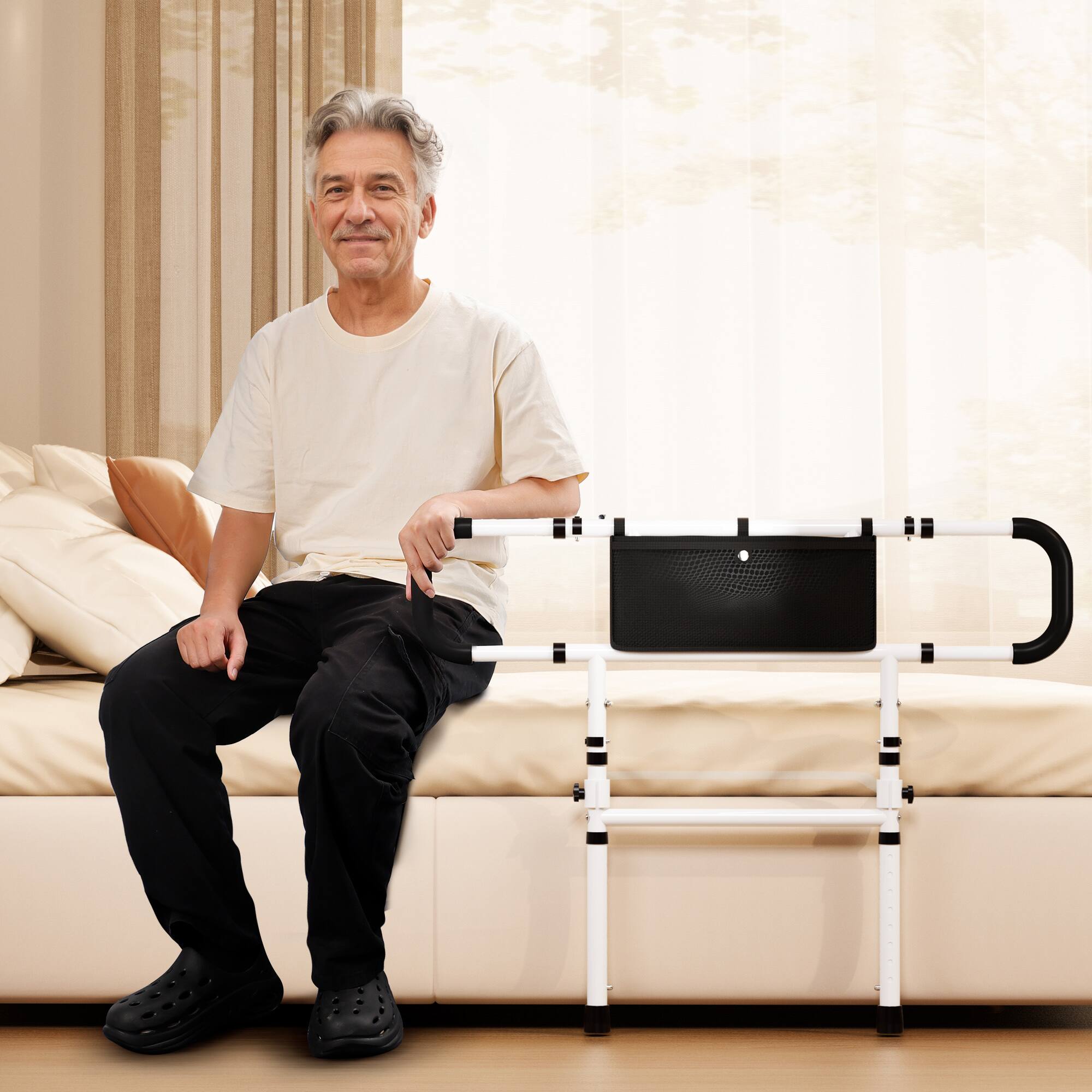 Alt View 5. Topteng - Bed Assist Rail for Elderly - 450lbs Capacity, No-Tool Installation, Foldable&Height Adjustable, Fits  Various Bed Sizes - Black.