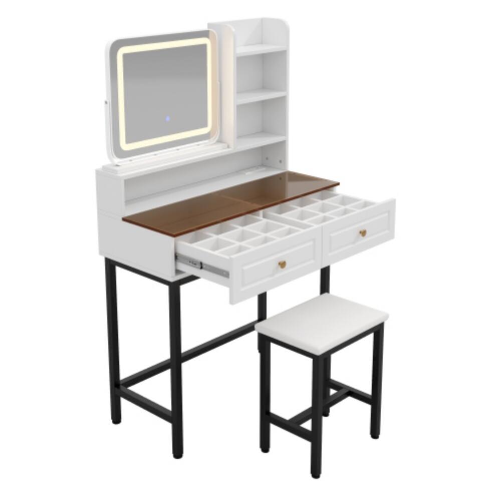 Alt View 4. LUCKY ONE - Makeup Vanity w/ 360° Rotatable LED Mirror Amber Glass Top 2 Drawers Stool - Black,White.