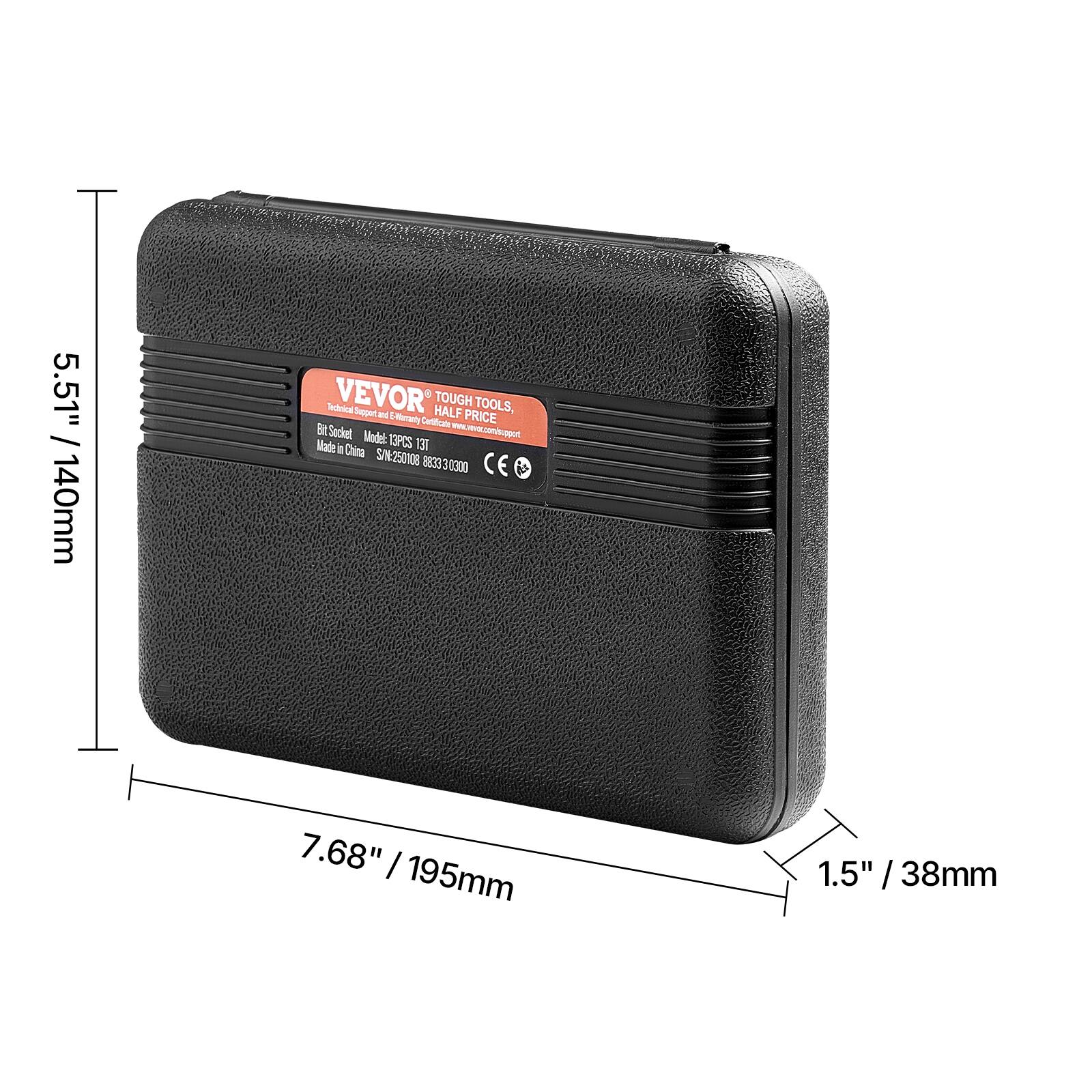 5.51" / 140mm  
VEVOR TOUGH TOOLS, HALF PRICE  
Bit Socket Set and Extension  
Model: 13PCS 137  
Made in China  
S/N: 250108 883330300  
CE  

7.68" / 195mm  
1.5" / 38mm  

www.vevor.com/support