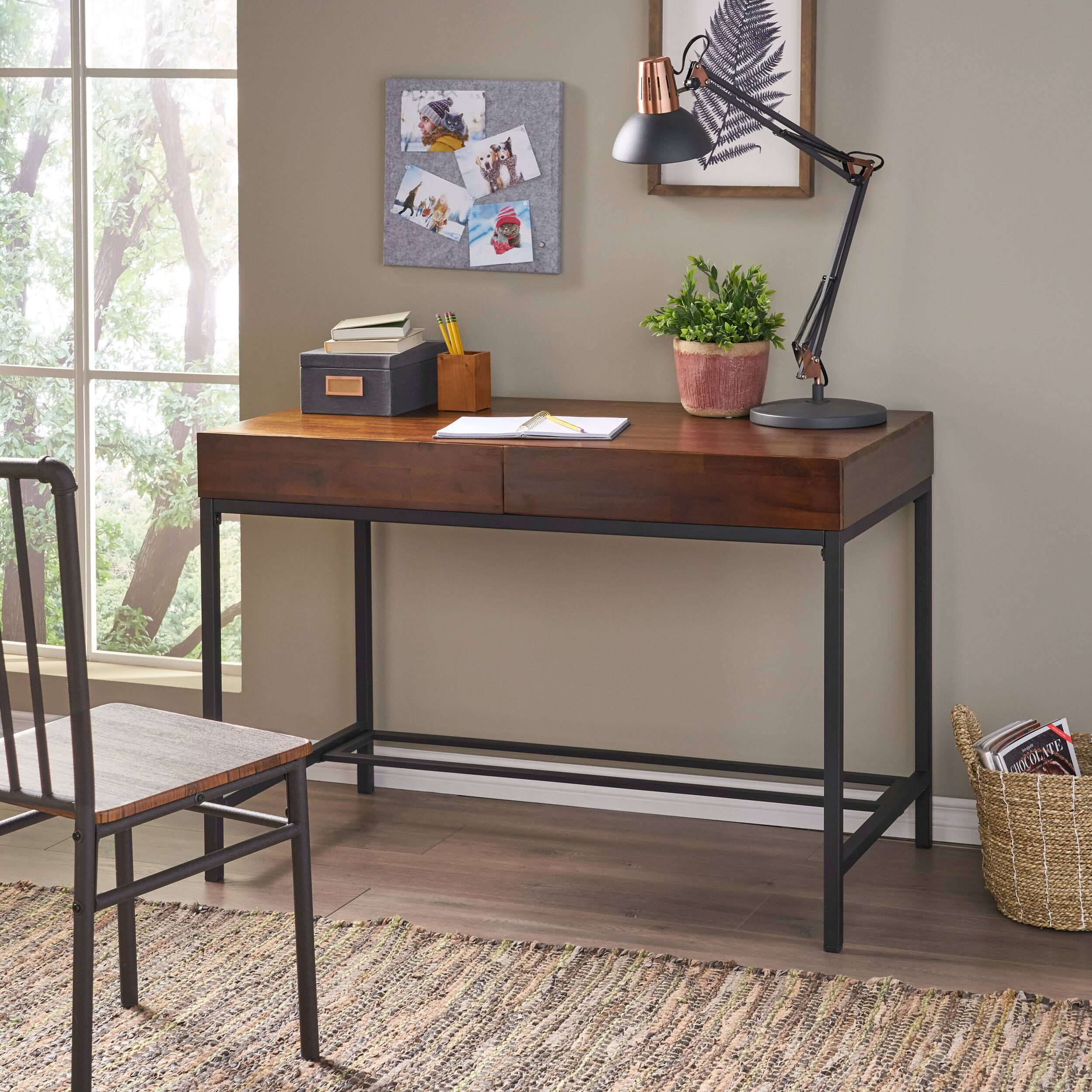 Angle. APRILSOUL - Industrial Acacia Wood Desk with Drawer Mid Century Home Office Workstation - Oak.