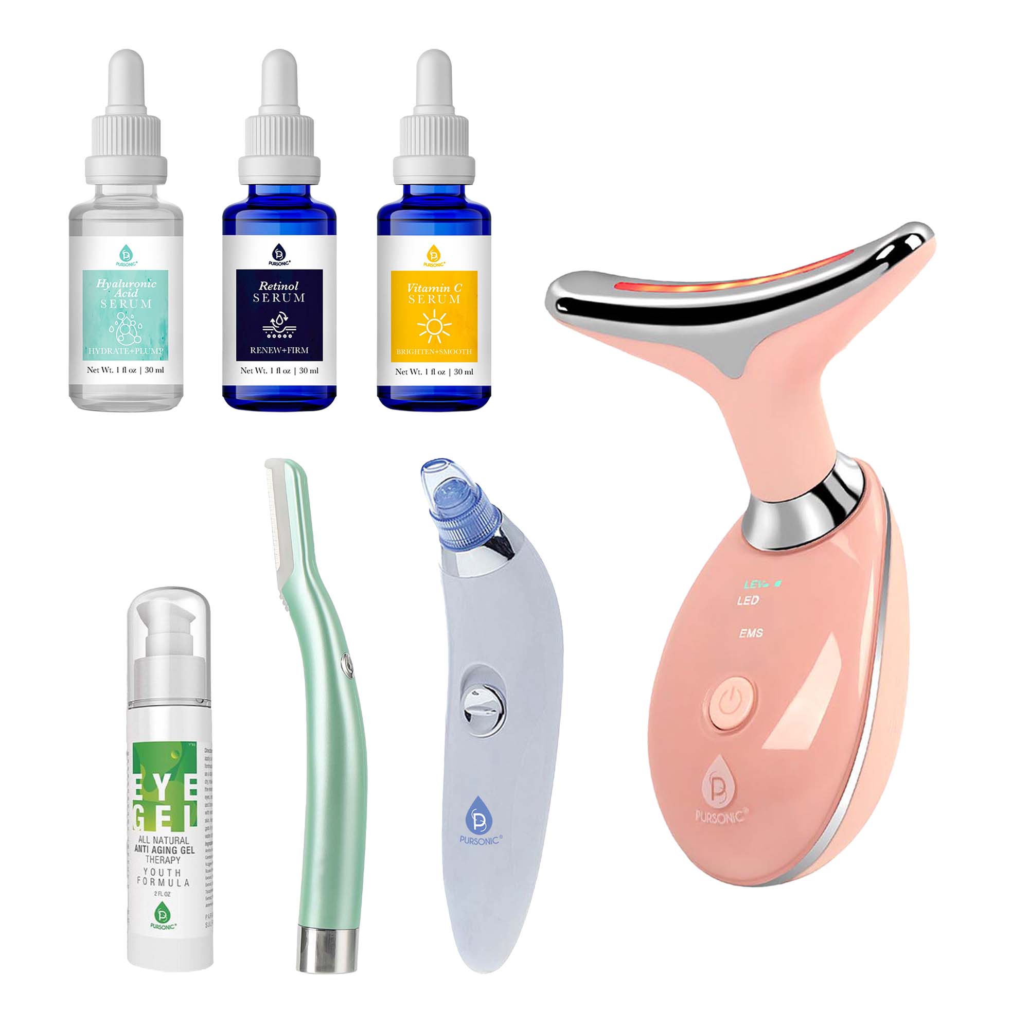 - Hyaluronic Acid Serum
- Retinol Serum
- Vitamin C Serum
- Eye Gel
- LED EMS Device
- PURSONIC