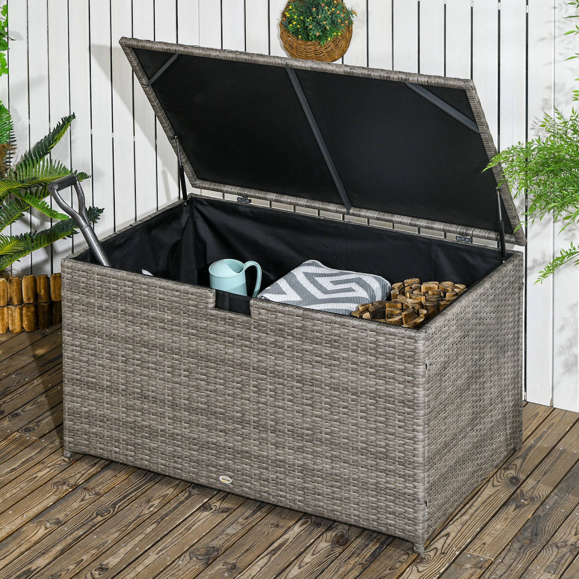 Alt View 1. Outsunny - 113 Gallon Deck Box, Rattan Outdoor Storage Box, Waterproof Storage Container for Indoor, Patio Furniture Cushions - Gray.