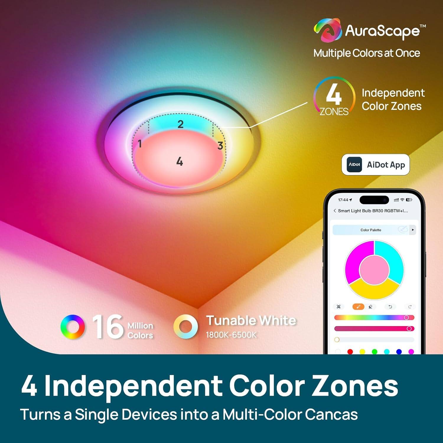 AuraScape Multiple Colors at Once  
4 Independent Color Zones  
ZONES 1-4  
AiDot App  
16 Million Colors  
Tunable White 1800K-6500K  
4 Independent Color Zones  
Turns a Single Device into a Multi-Color Canvas