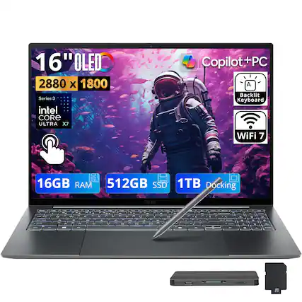 16" OLED 2880 x 1800 Series 3 intel CORE ULTRA X7 Copilot+PC PC A Backlit Keyboard WiFi 7 16GB RAM 512GB SSD 1TB Docking acer