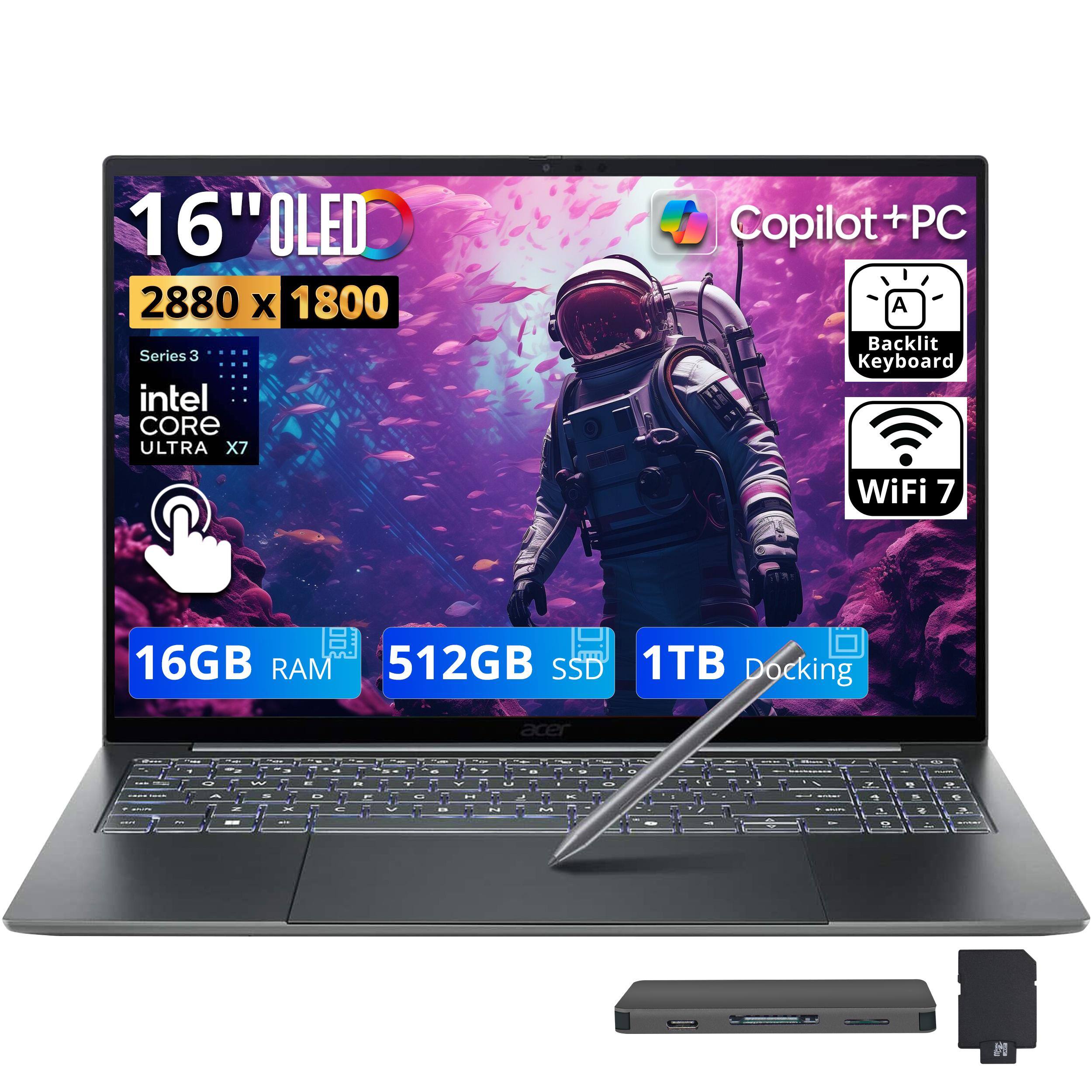 16" OLED 2880 x 1800 Series 3 intel CORE ULTRA X7 Copilot+PC PC A Backlit Keyboard WiFi 7 16GB RAM 512GB SSD 1TB Docking acer